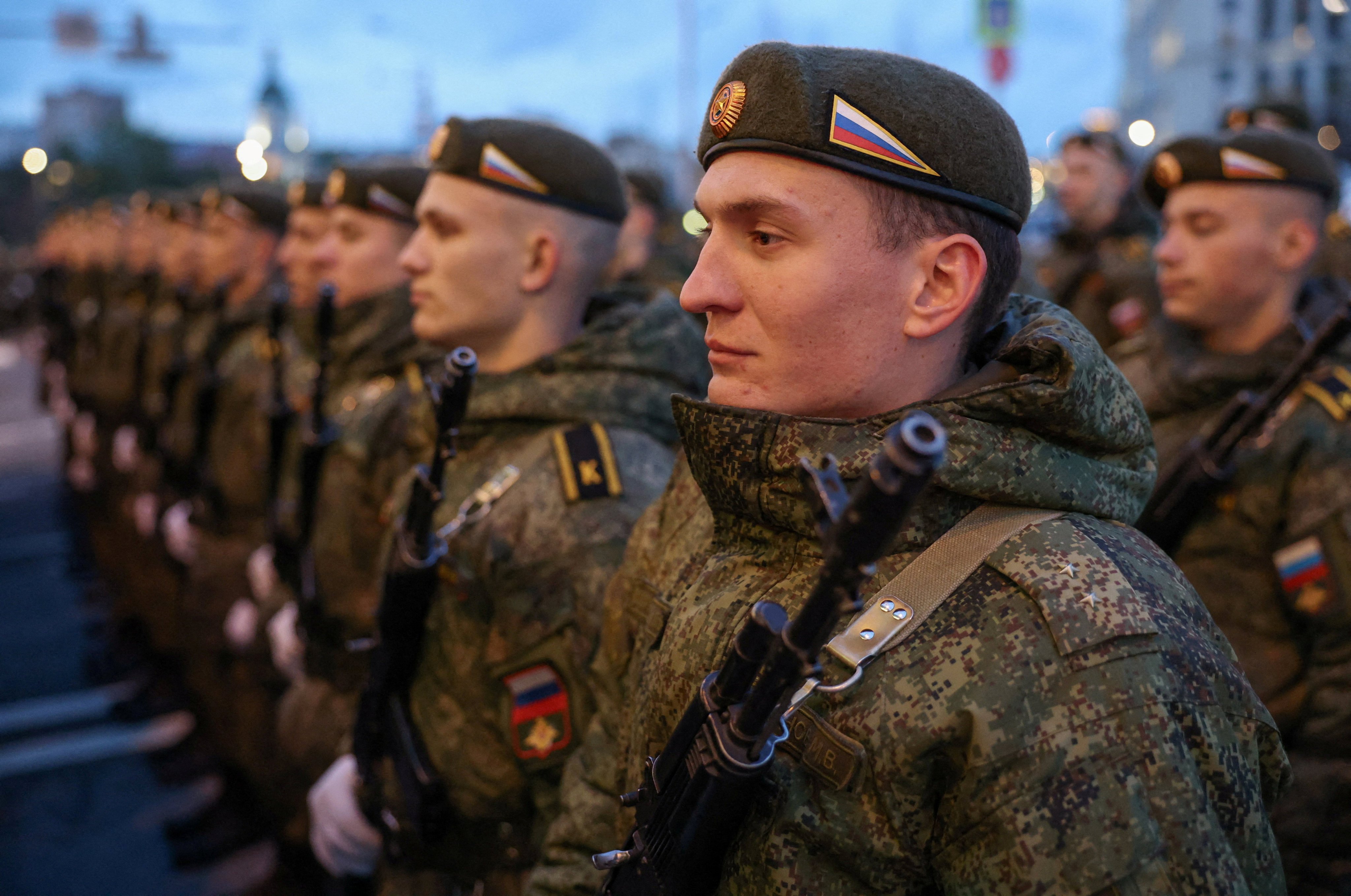Russian service members rehearsing for Saturday’s parade. Photo: Reuters
