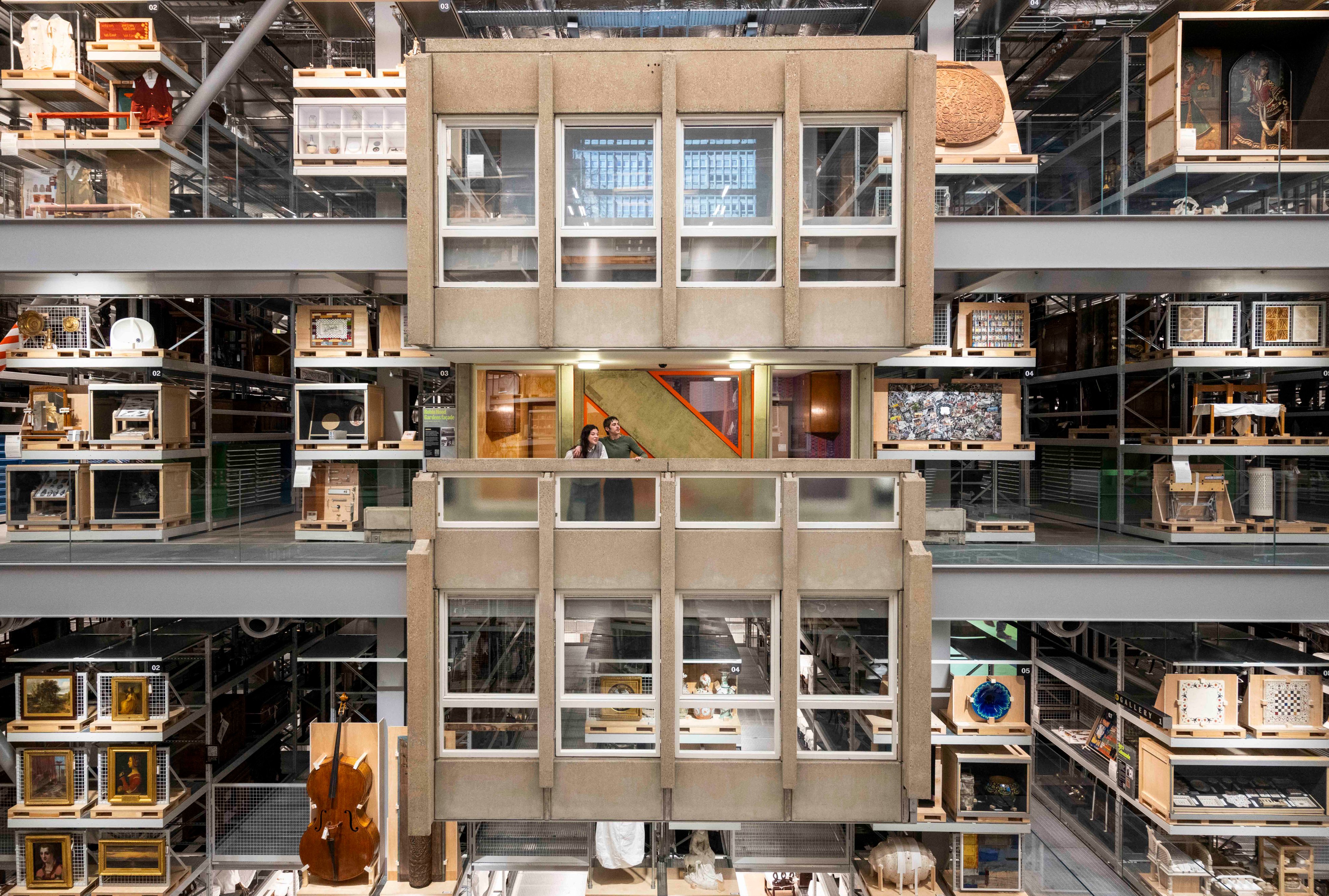 The two-storey section of Robin Hood Gardens, the now demolished housing estate in Poplar, inside the new V&A East Storehouse in London, in May 2025. Photo: Getty Images