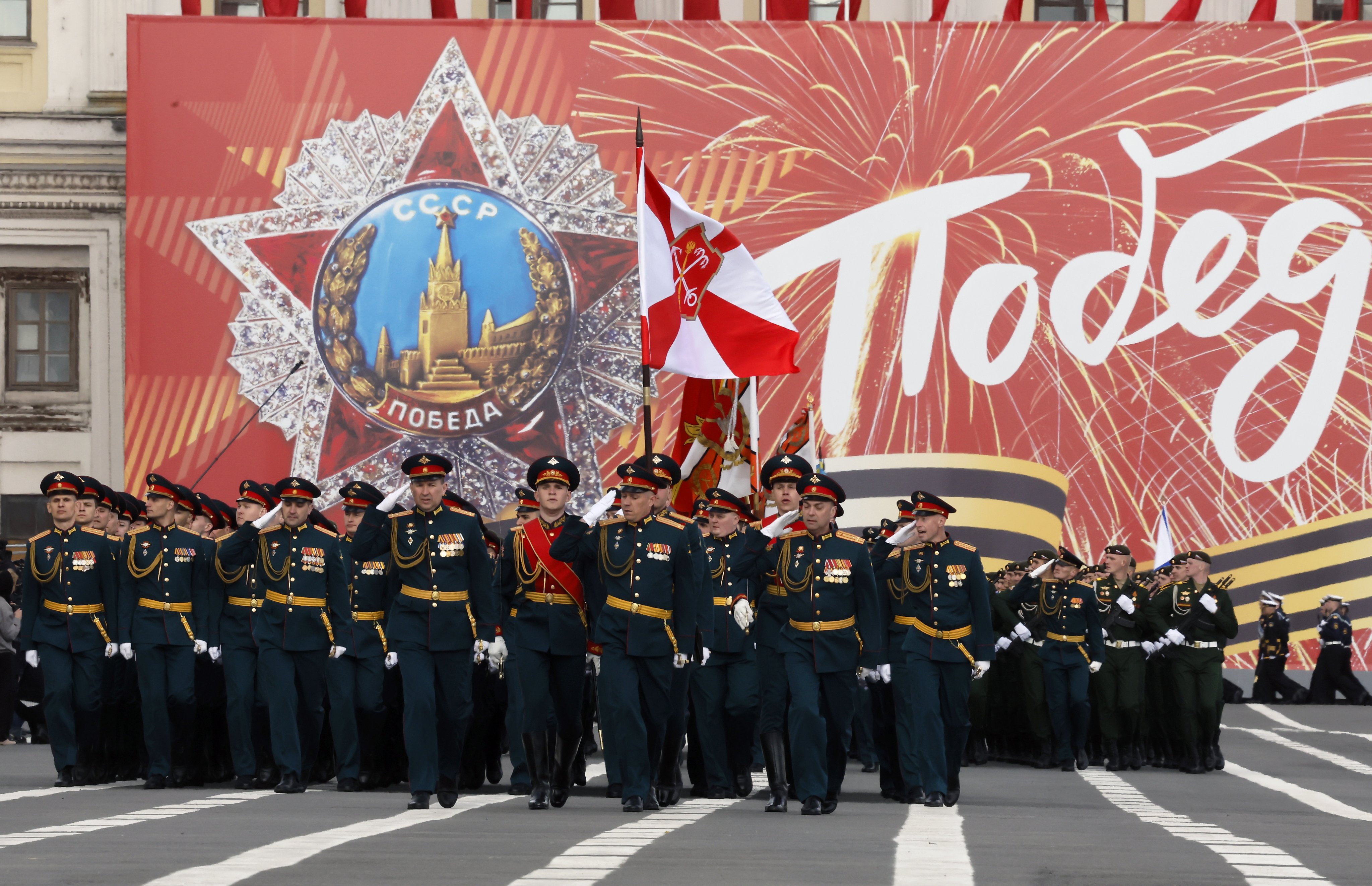 Russian military servicemen march during the rehearsal for the annual Victory Day military parade in St Petersburg, Russia on Tuesday. Photo: EPA