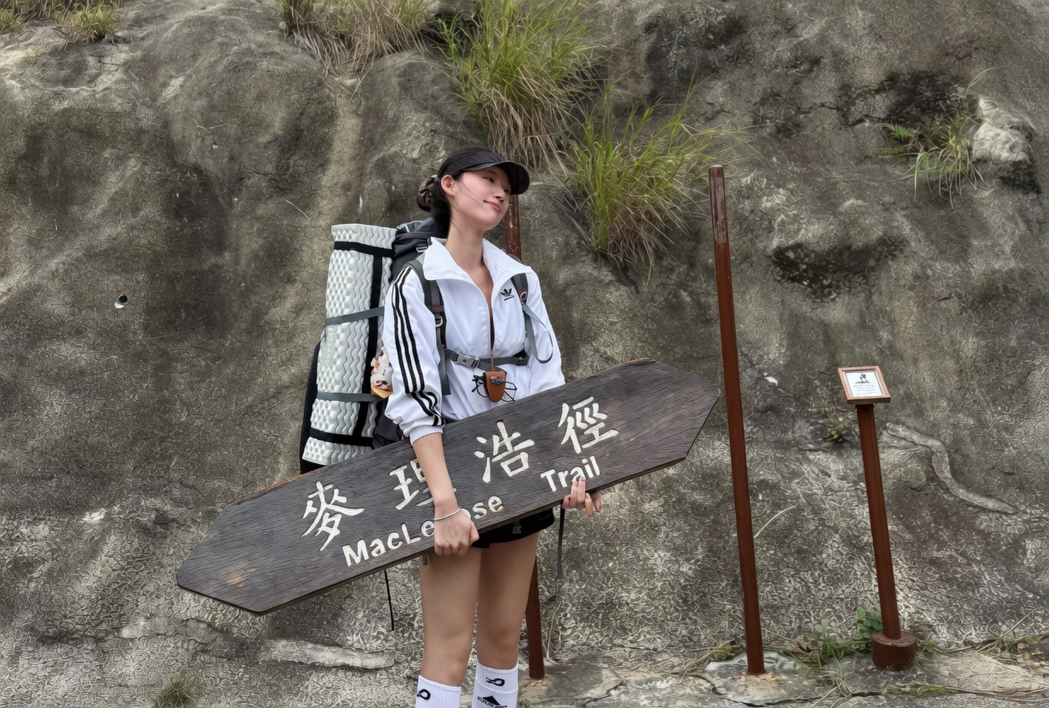 A viral photo of a woman holding a detached MacLehose Trail sign in Sai Kung has drawn criticism online. Photo: Handout