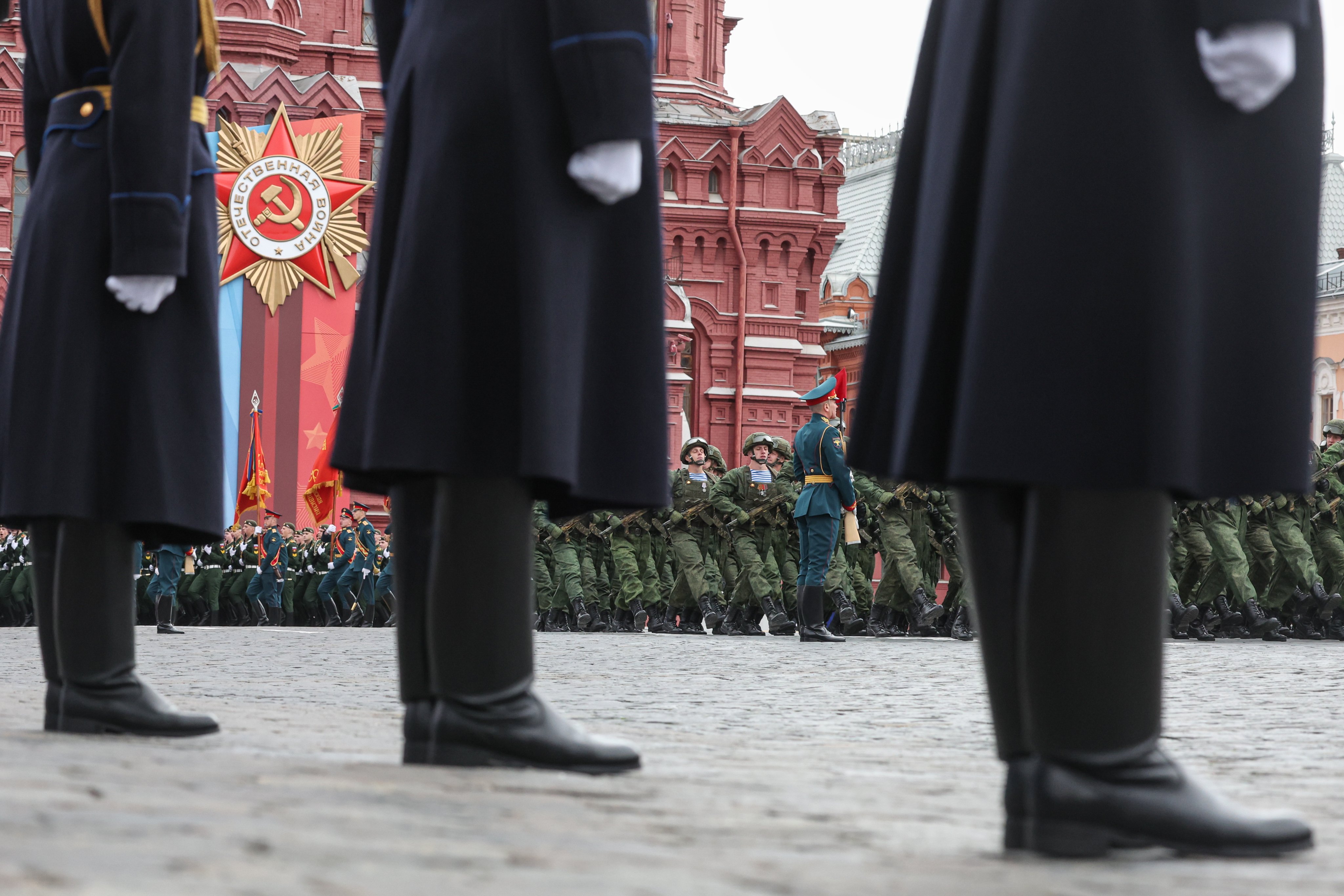 Russian servicemen march during the Victory Day military parade in Moscow’s Red Square on Saturday. Photo: EPA