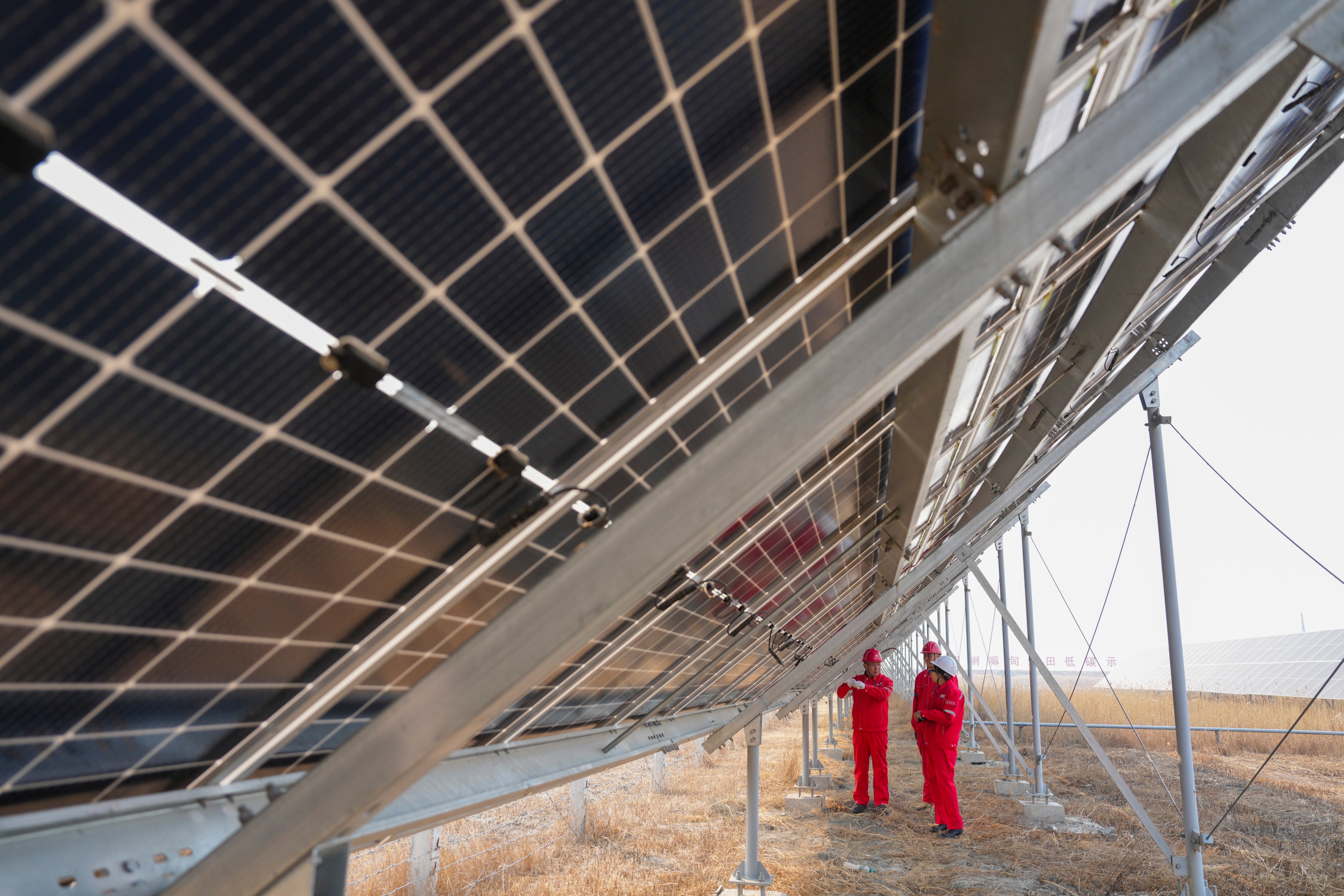 Technicians inspect photovoltaic power generation equipment at the low-carbon demonstration zone of Lamadian Oilfield in Daqing, Heilongjiang province, March 25, 2026. Photo: Xinhua
