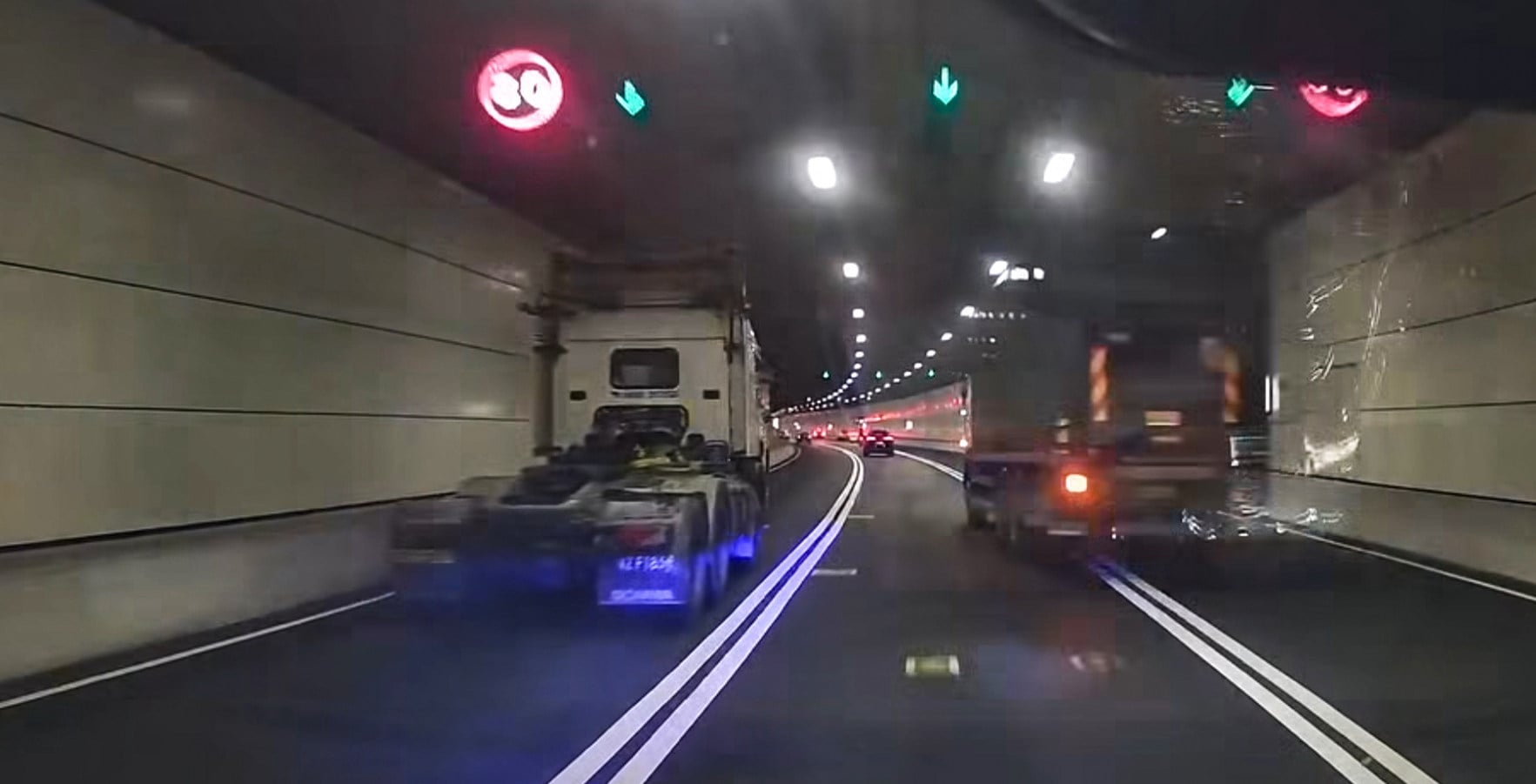 Two trucks were seen driving at high speed in the footage believed to be the Central Kowloon Bypass. Photo: Handout