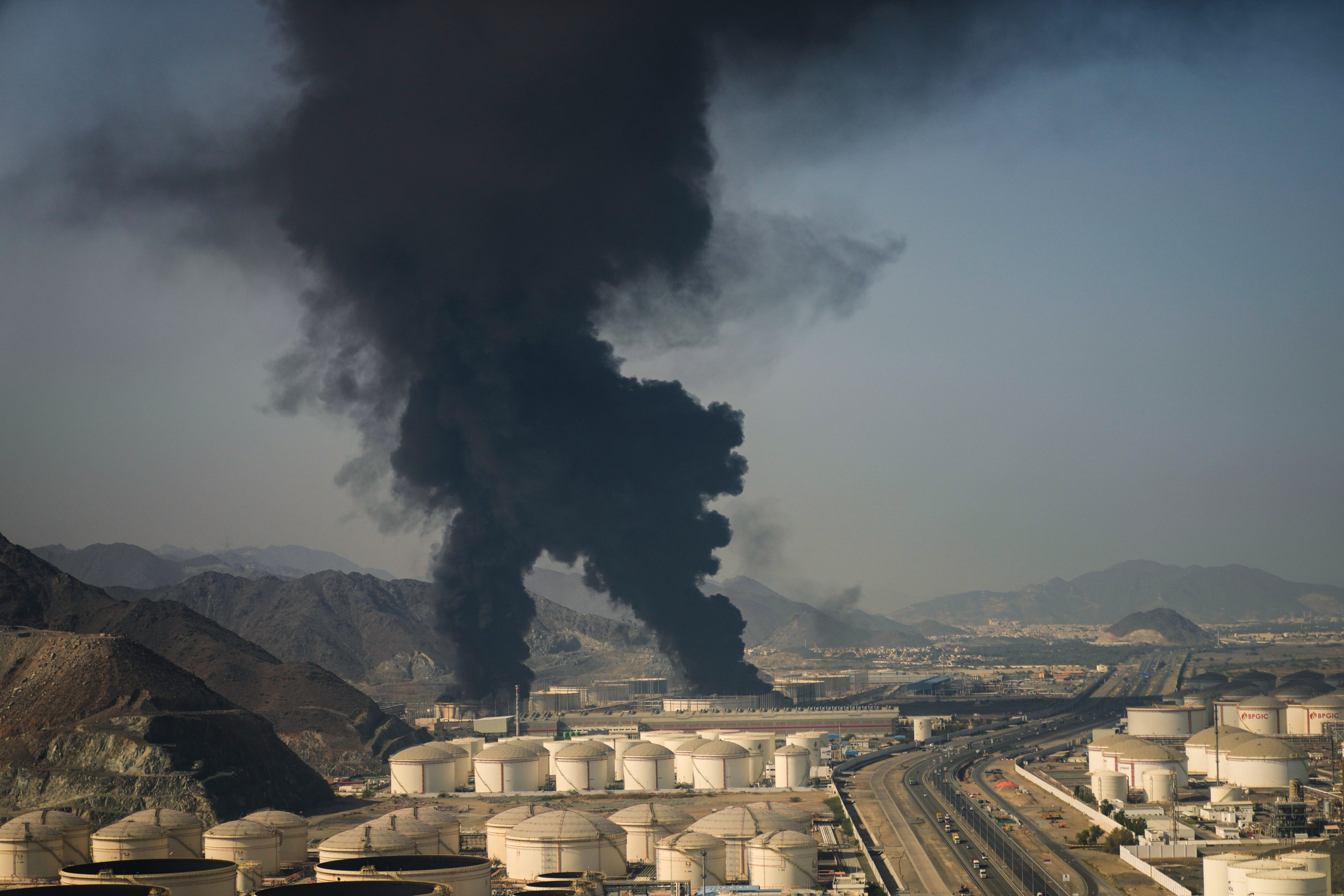 Plumes of smoke rise from an oil facility in Fujairah, United Arab Emirates, on March 14. Photo: AP