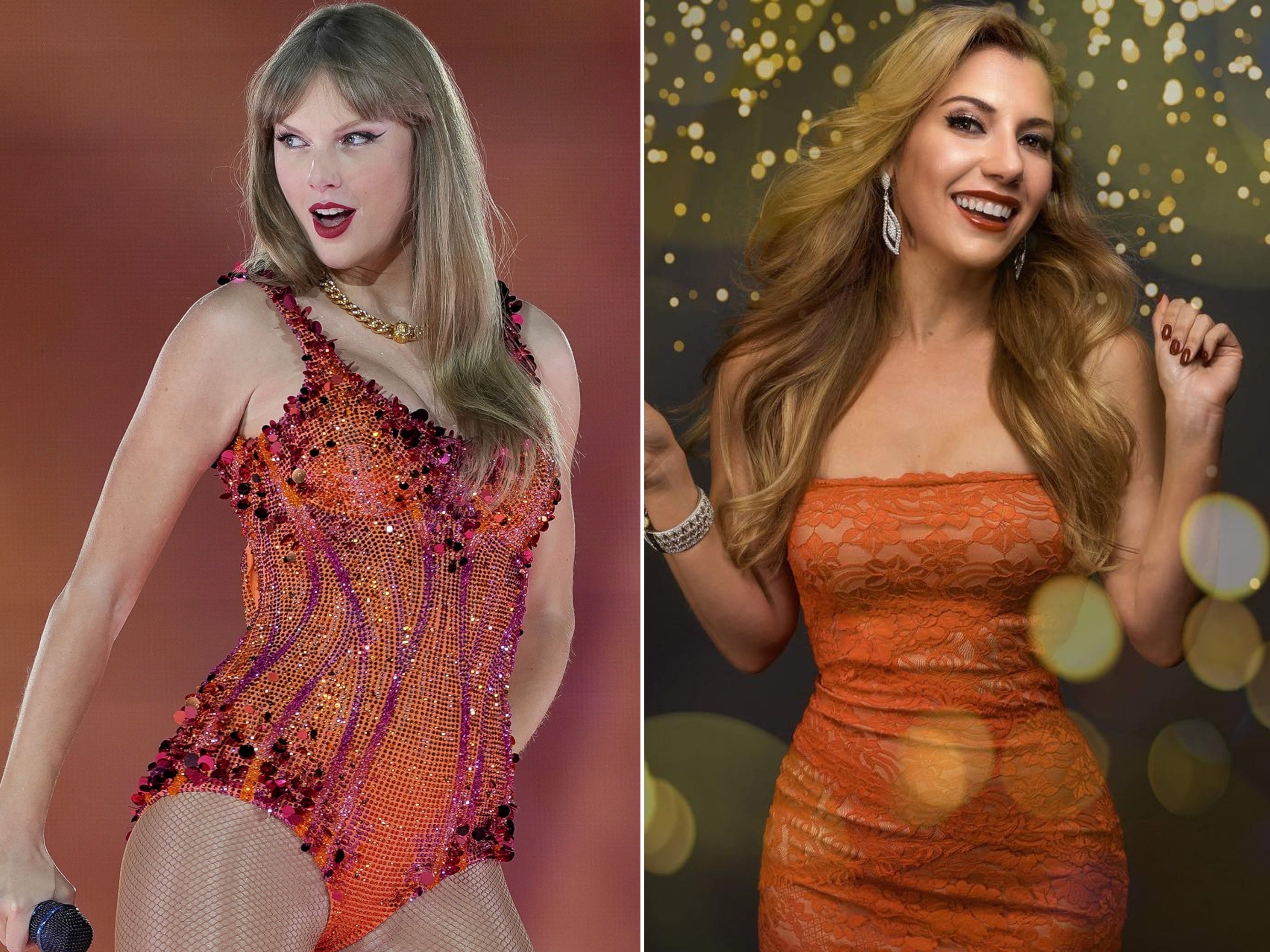 Former Las Vegas showgirl Maren Flagg aka Maren Wade (right) is suing Taylor Swift over the latter’s The Life of a Showgirl album title. Photos: AP Photo, @marenwade/Instagram