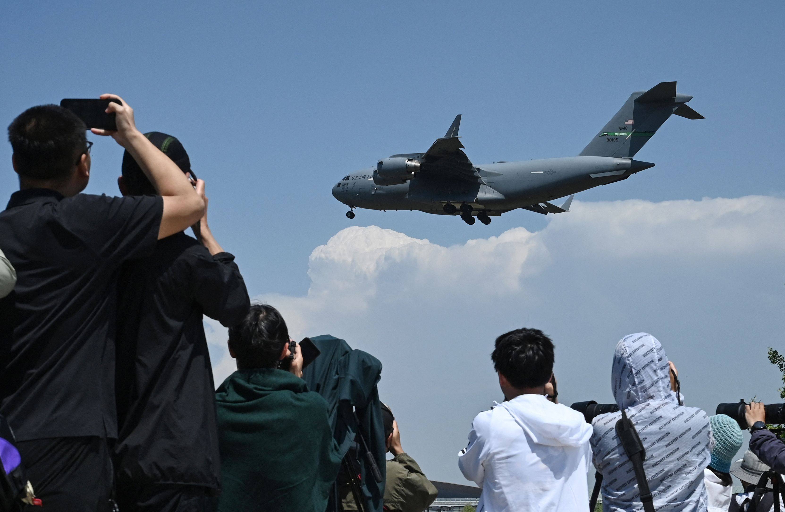 A US Air Force C-17 lands at Beijing Capital Airport on May 11, ahead of a visit by US President Donald Trump. Photo: AFP