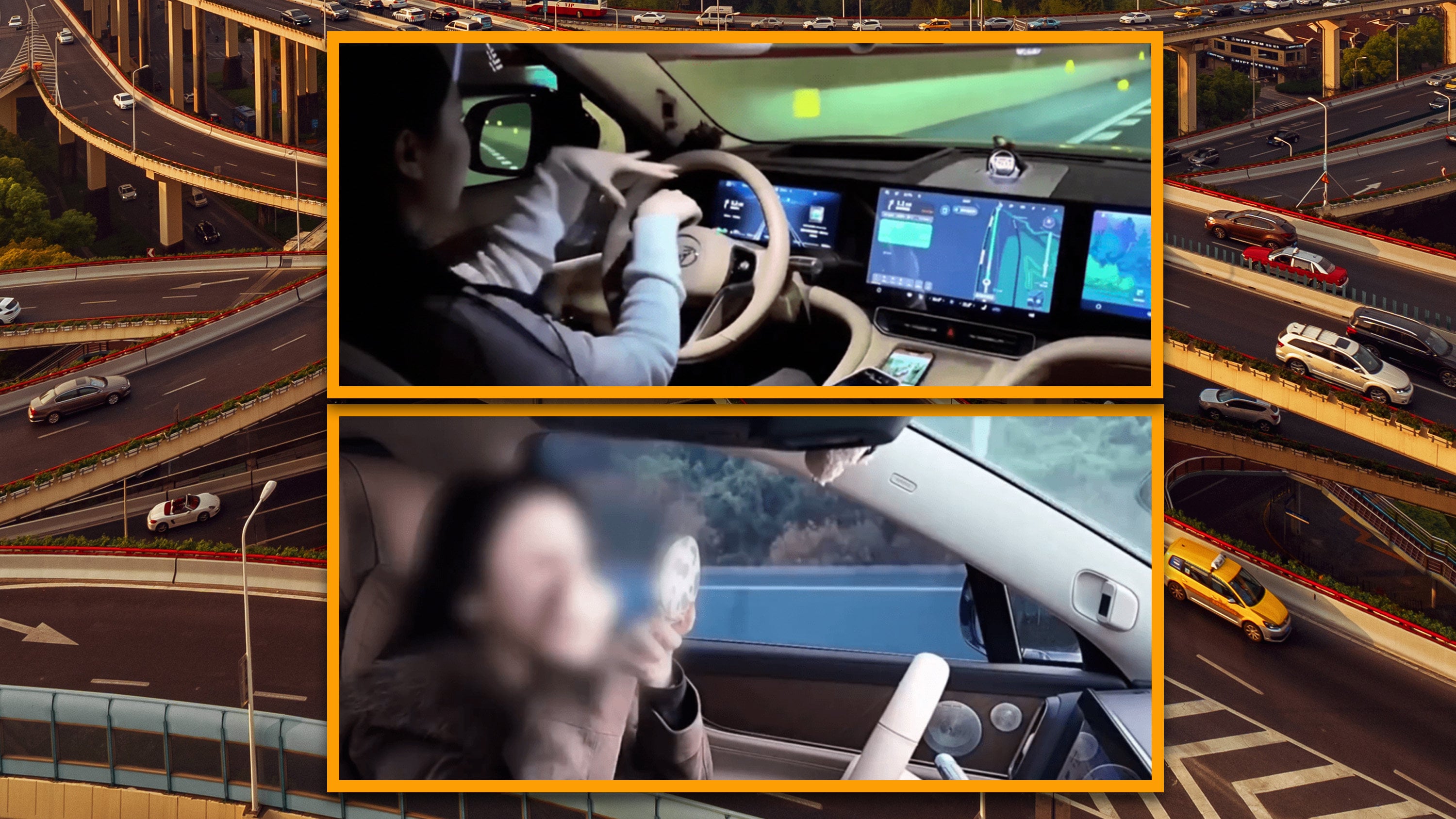 A woman in China has been fined for applying make-up, eating and dancing when driving while claiming that her car’s assisted driving system is more reliable than she is. Photo: SCMP composite/Shutterstock/CCTV