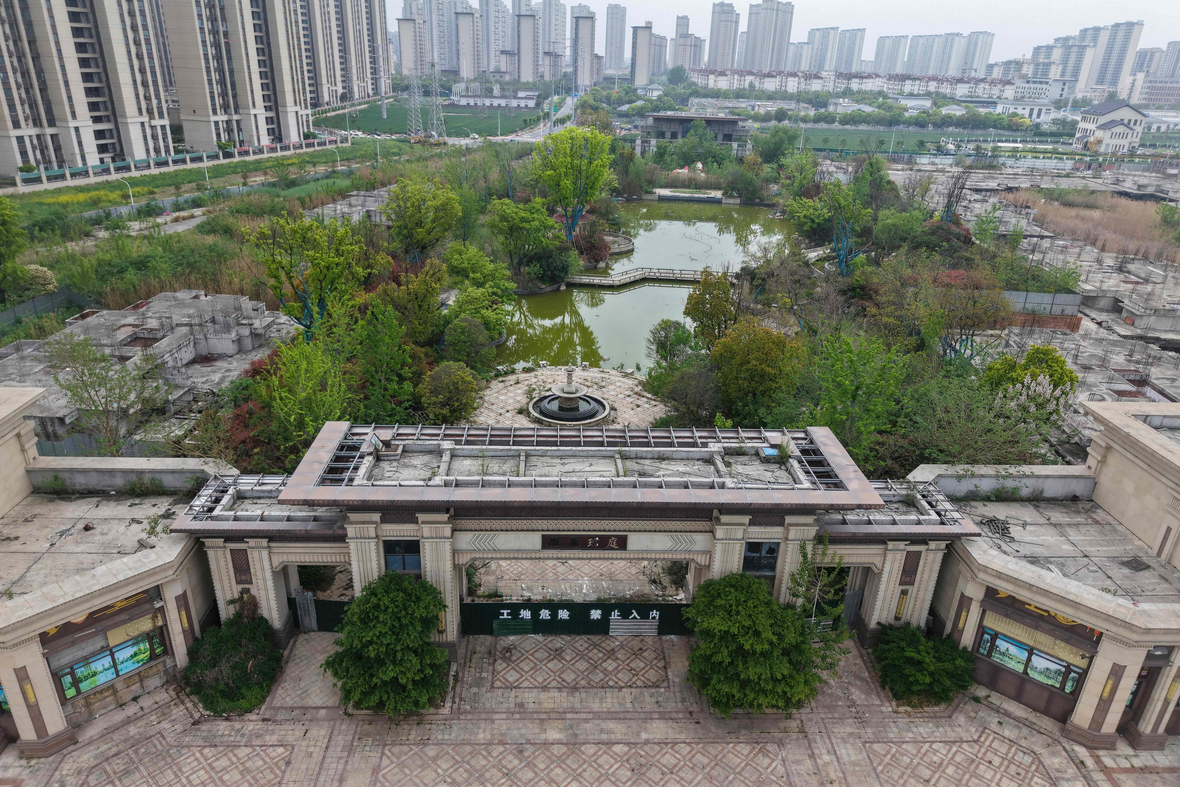 An abandoned Evergrande construction project is seen in Fuyang city, China’s eastern Anhui province, on April 14. Photo: AFP