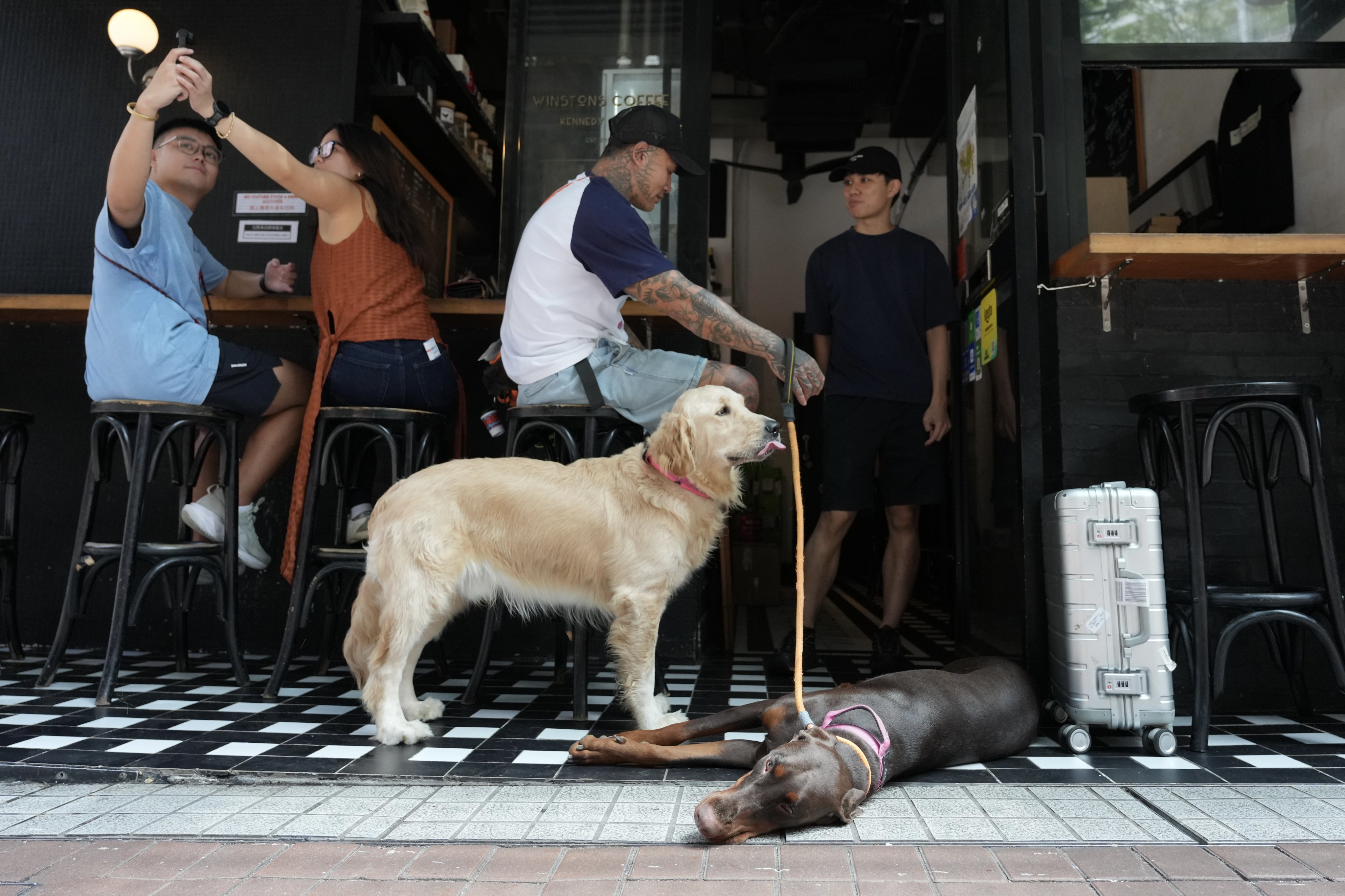 A dog owner sits with his pets outside a cafe in Kennedy Town. Photo: Karma Lo