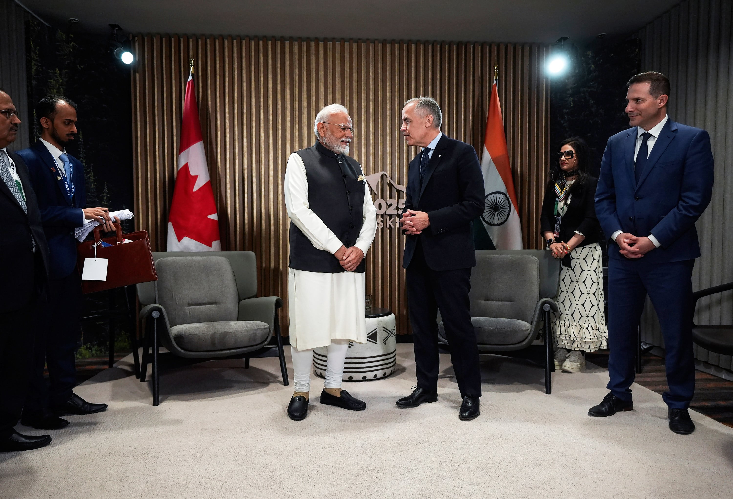 India’s Prime Minister Narendra Modi and Canada’s Prime Minister Mark Carney speak before a meeting at last year’s G7 Summit in Alberta. Photo: The Canadian Press/AP
