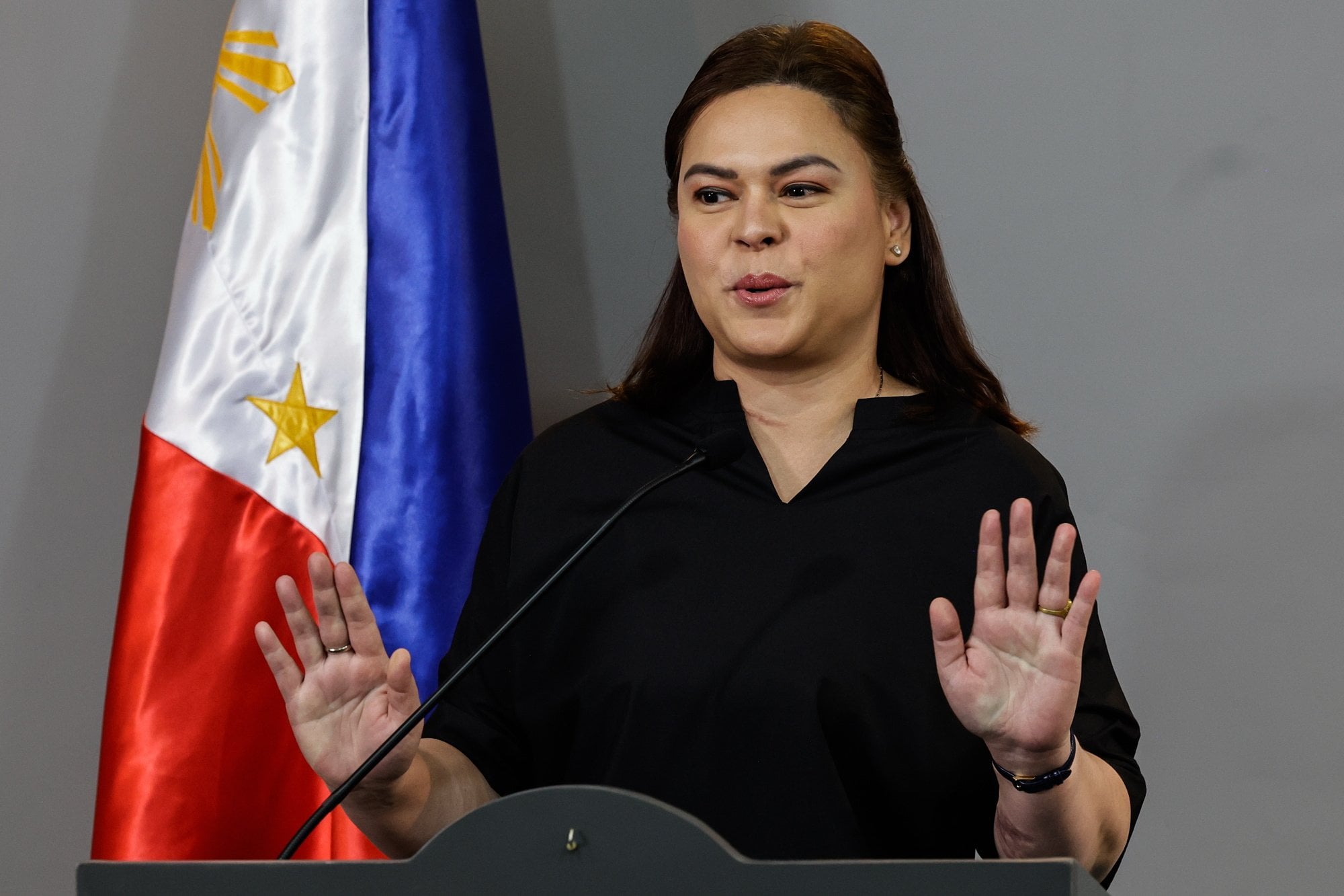Philippine Vice-President Sara Duterte at a press conference at her office in Mandaluyong City, Metro Manila, in February. Photo: EPA