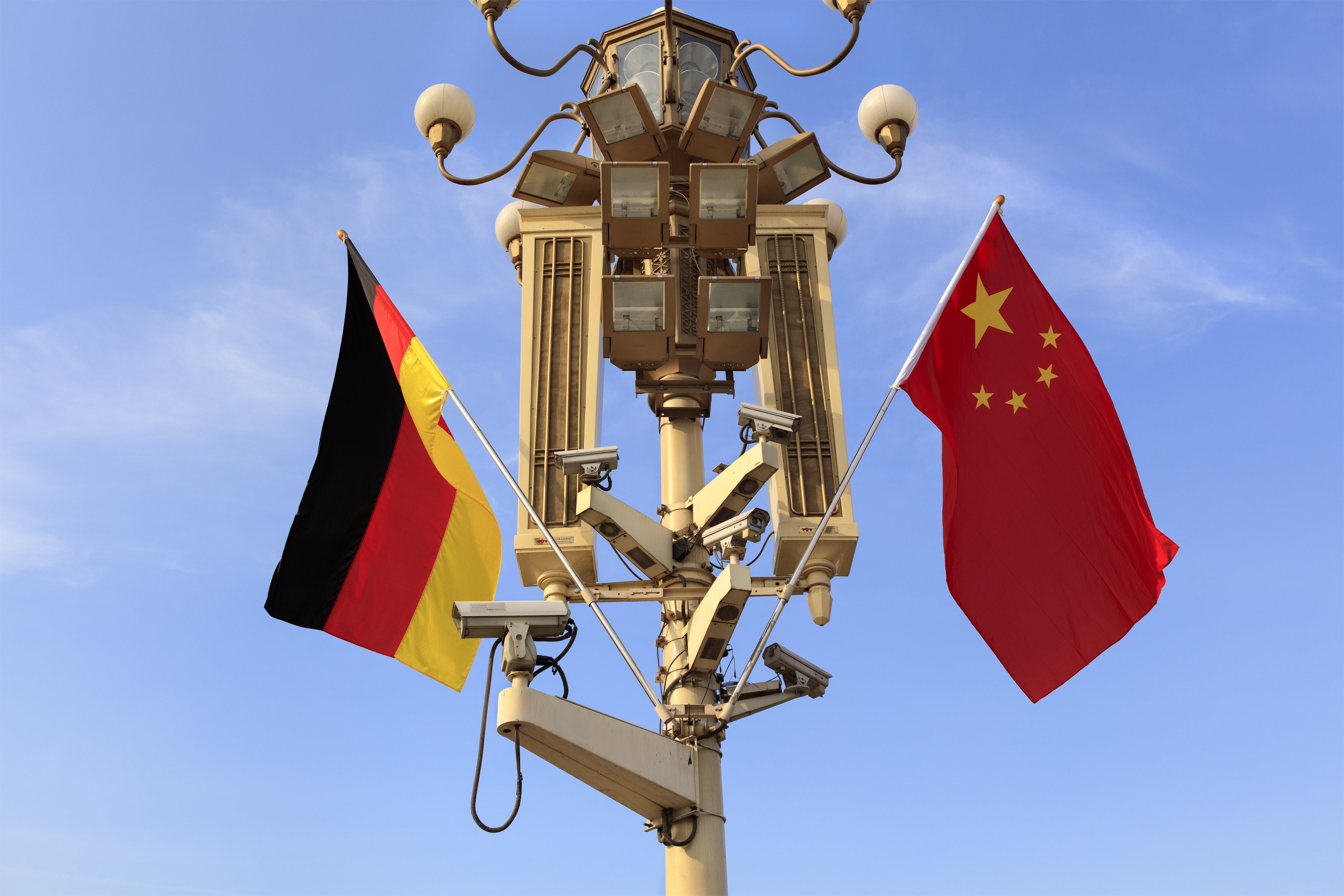 German and Chinese national flags flutter on a lamppost at Tiananmen Gate in Beijing. Photo: Shutterstock