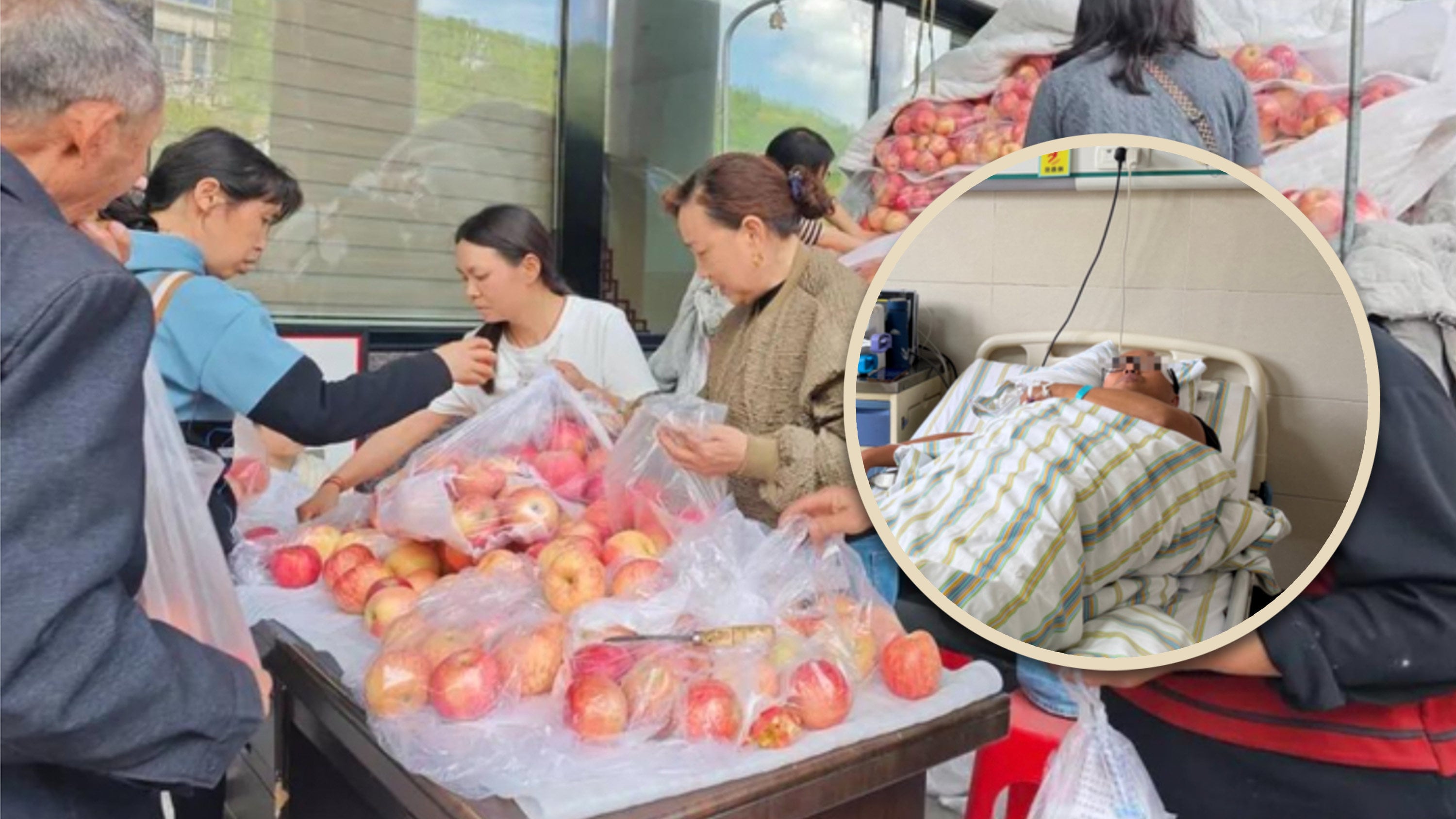 A farmer in China had a stroke while selling 4,000kg of apples. Hospital staff then sold the apples for him in 19 hours. Photo: SCMP composite/news.hubeidaily.net