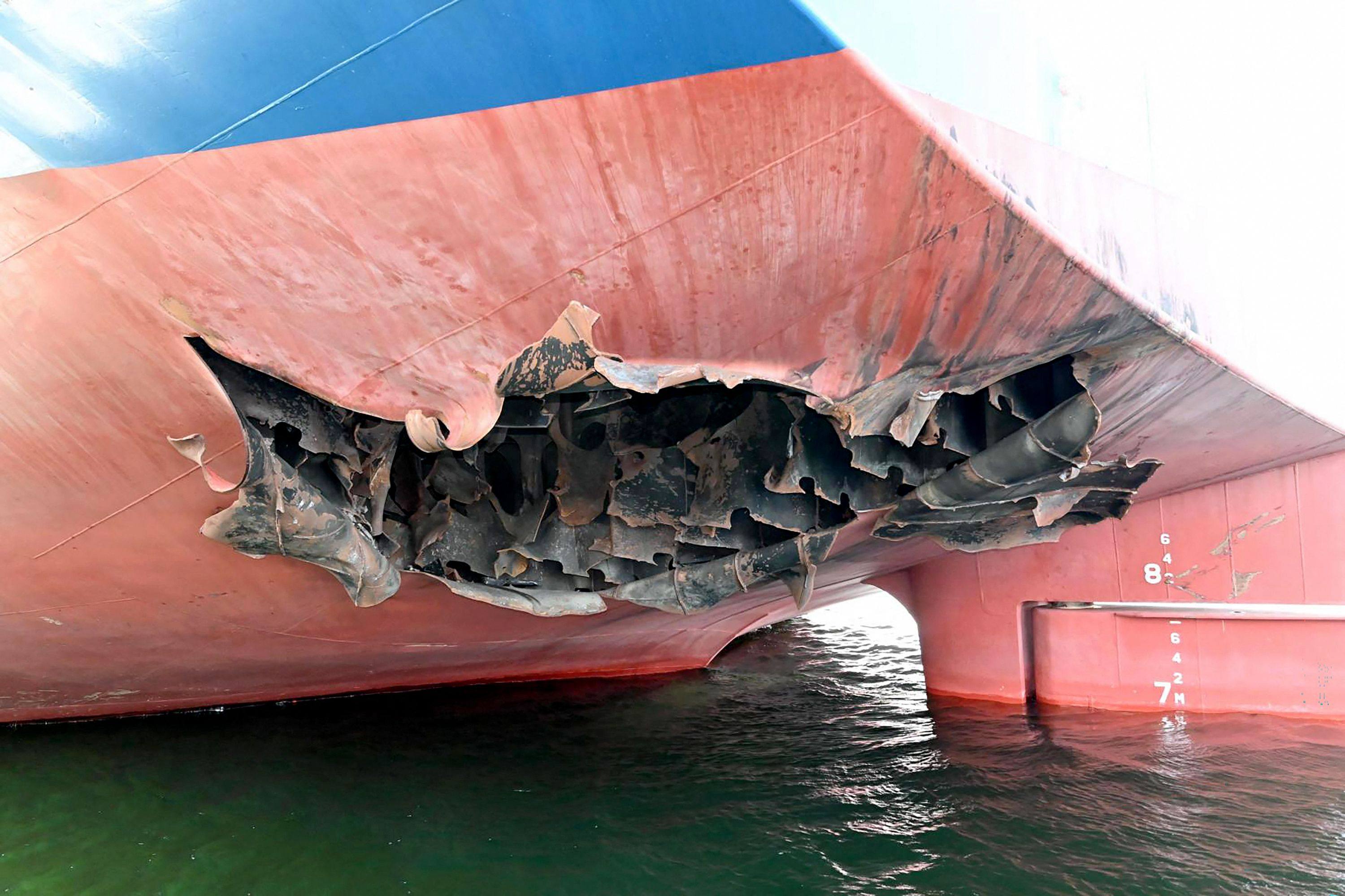 Damage to the South Korean cargo ship HMM Namu is seen this undated handout photograph released on Sunday. Photo: South Korea’s Foreign Ministry/AFP
