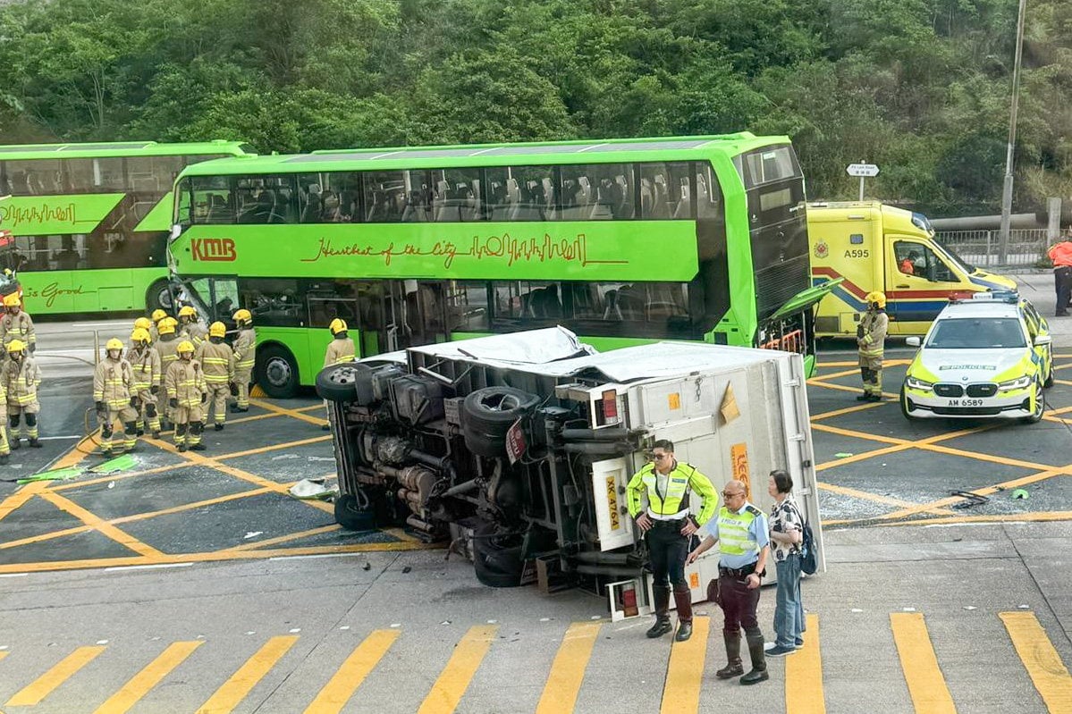 Ten people have been injured in a crash involving a truck and a bus outside a shopping centre in Hong Kong’s Kwun Tong. Photo: Handout