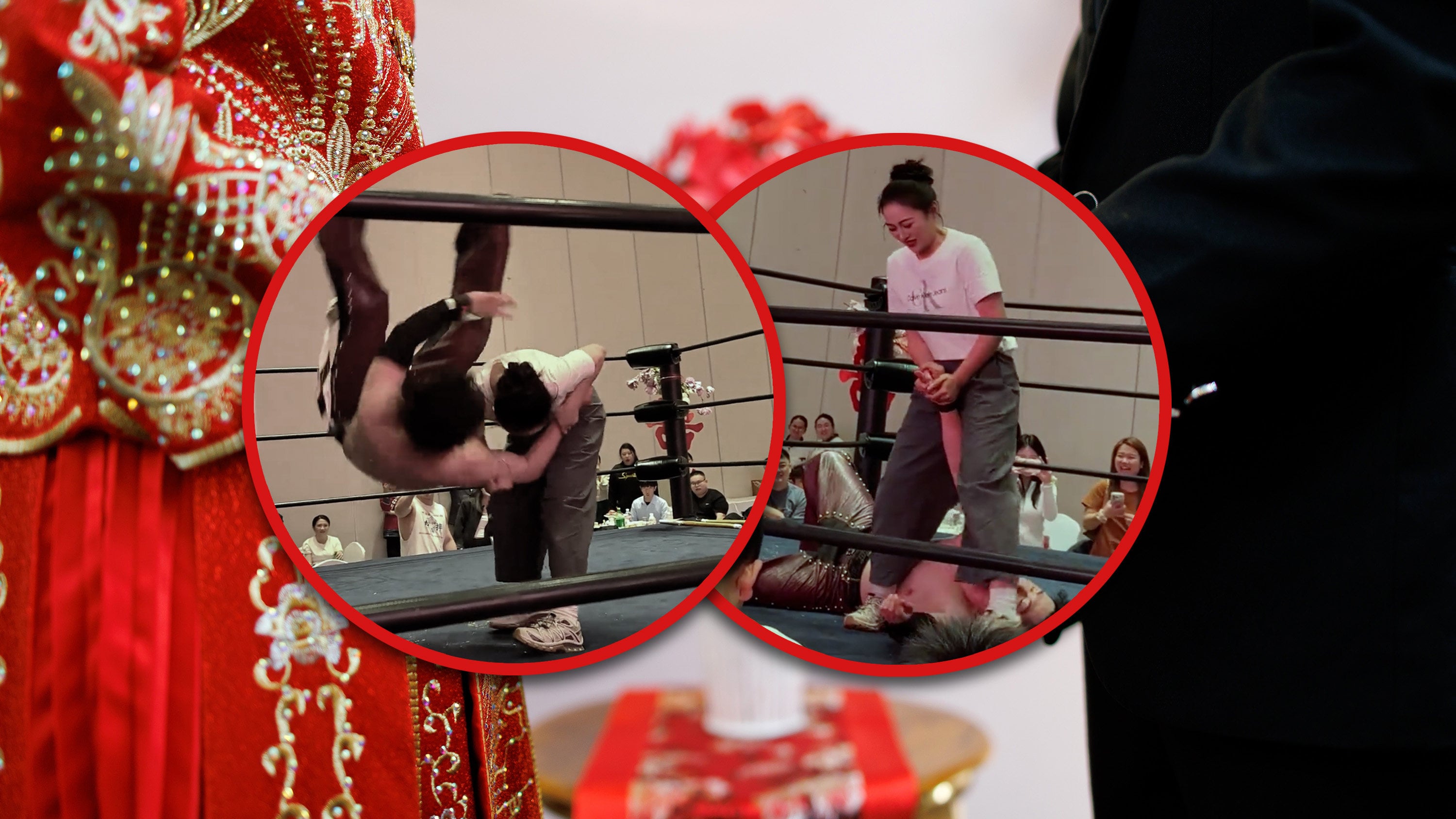 A Chinese couple made their wedding unforgettable by incorporating a wrestling match during which guests cheered as the loser faced housework duties. Photo: SCMP composite/Douyin