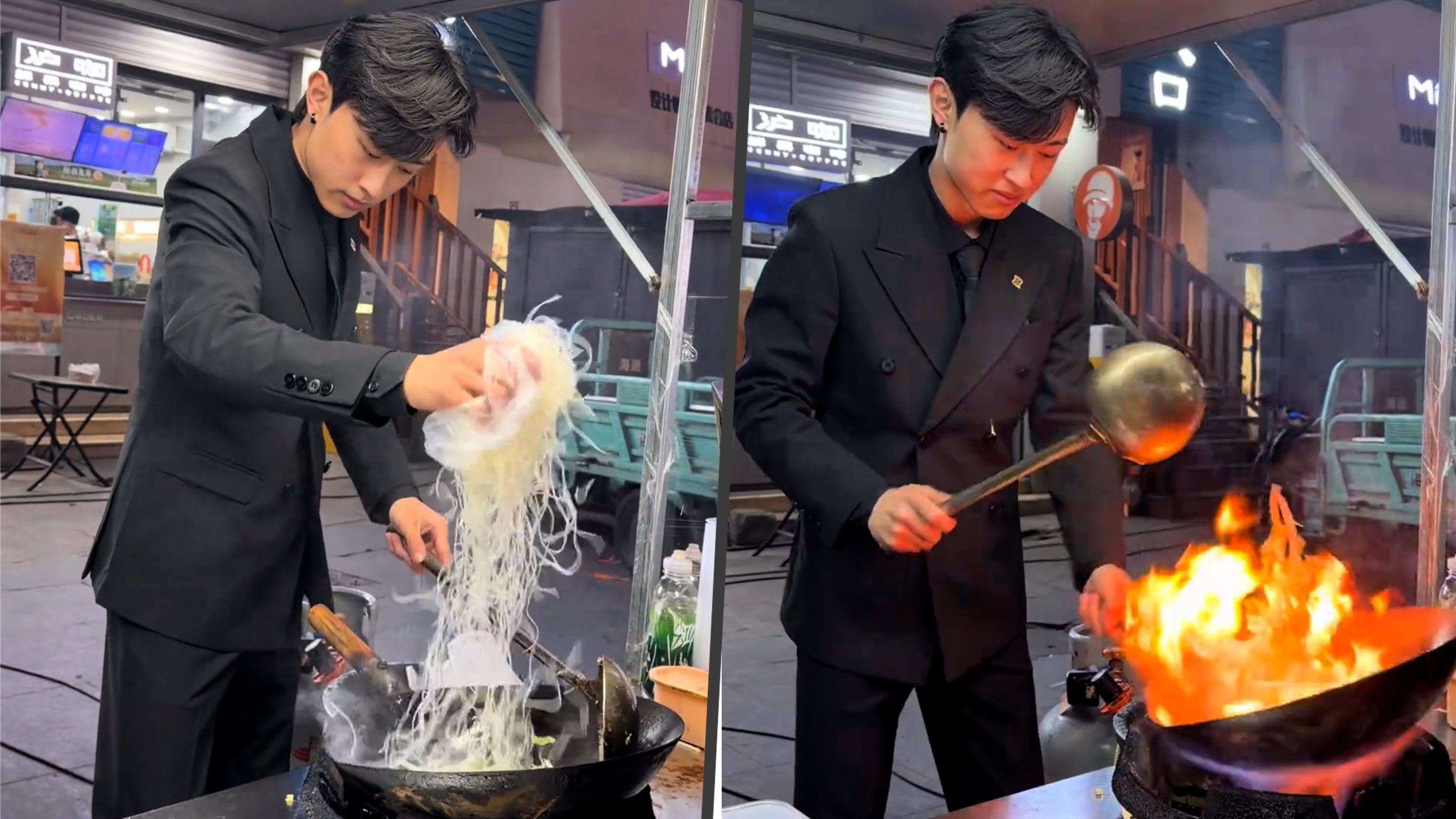 A young man in China earns US$7,400 a month selling fried rice at a night market dressed in a suit as if he were going to the office. Photo: SCMP composite/Douyin