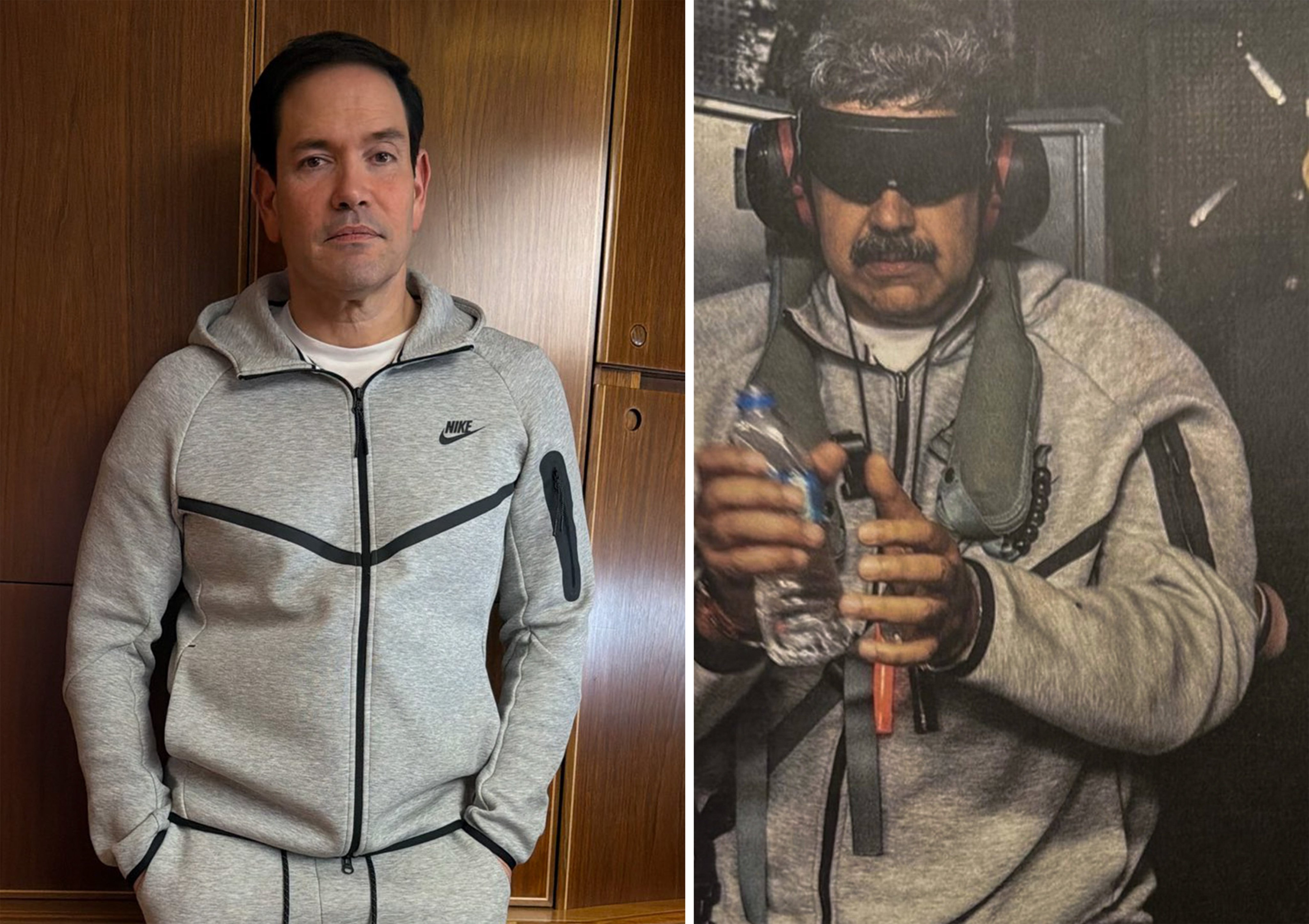 US Secretary of State Marco Rubio (left) wears the grey Nike tracksuit made famous following the abduction of former Venezuelan leader Nicolas Maduro (right) by the US military in January. Photo composite: X/ @StevenCheung47, @WhiteHouse