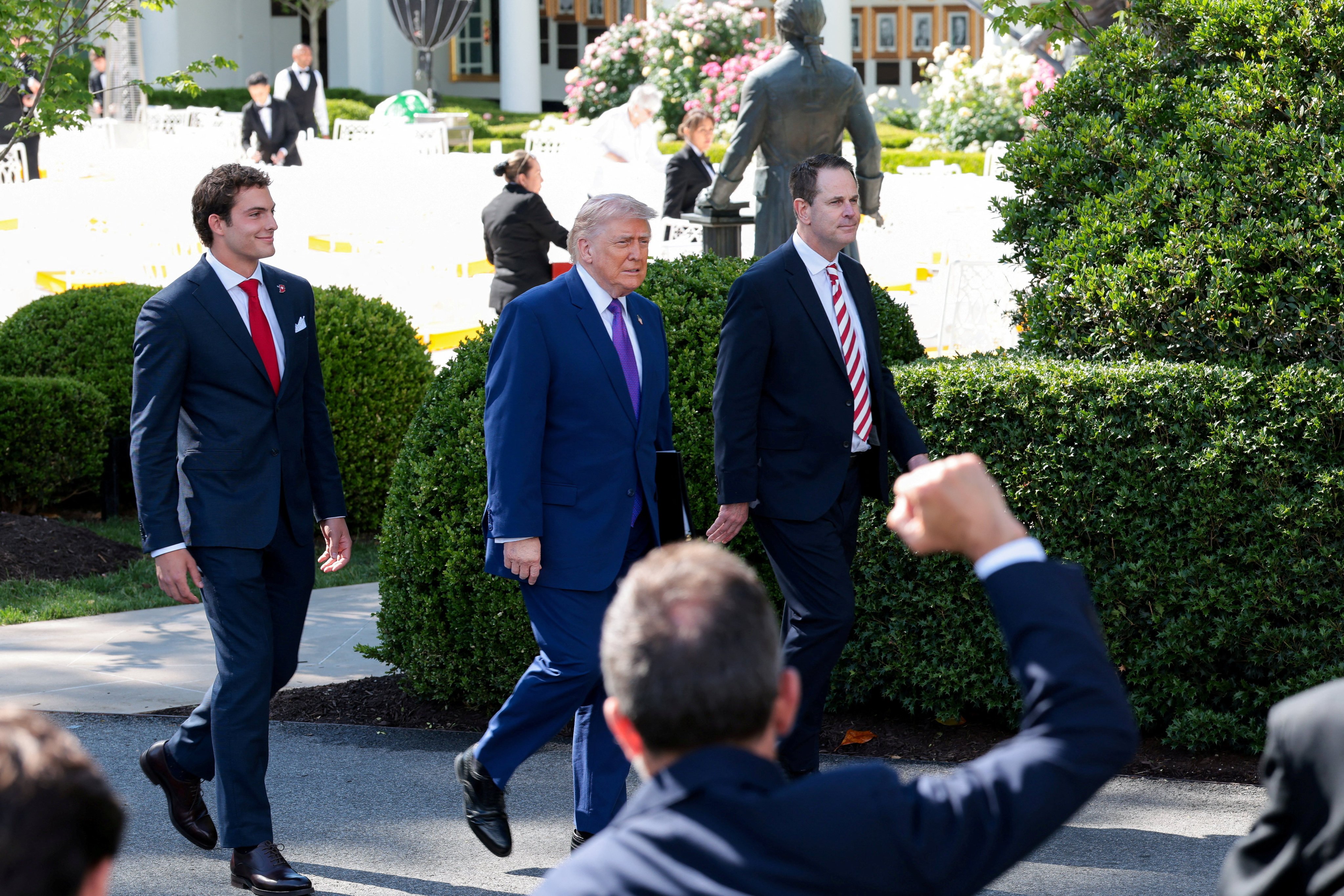 US President Donald Trump (centre) at the White House on Monday. Photo: Reuters