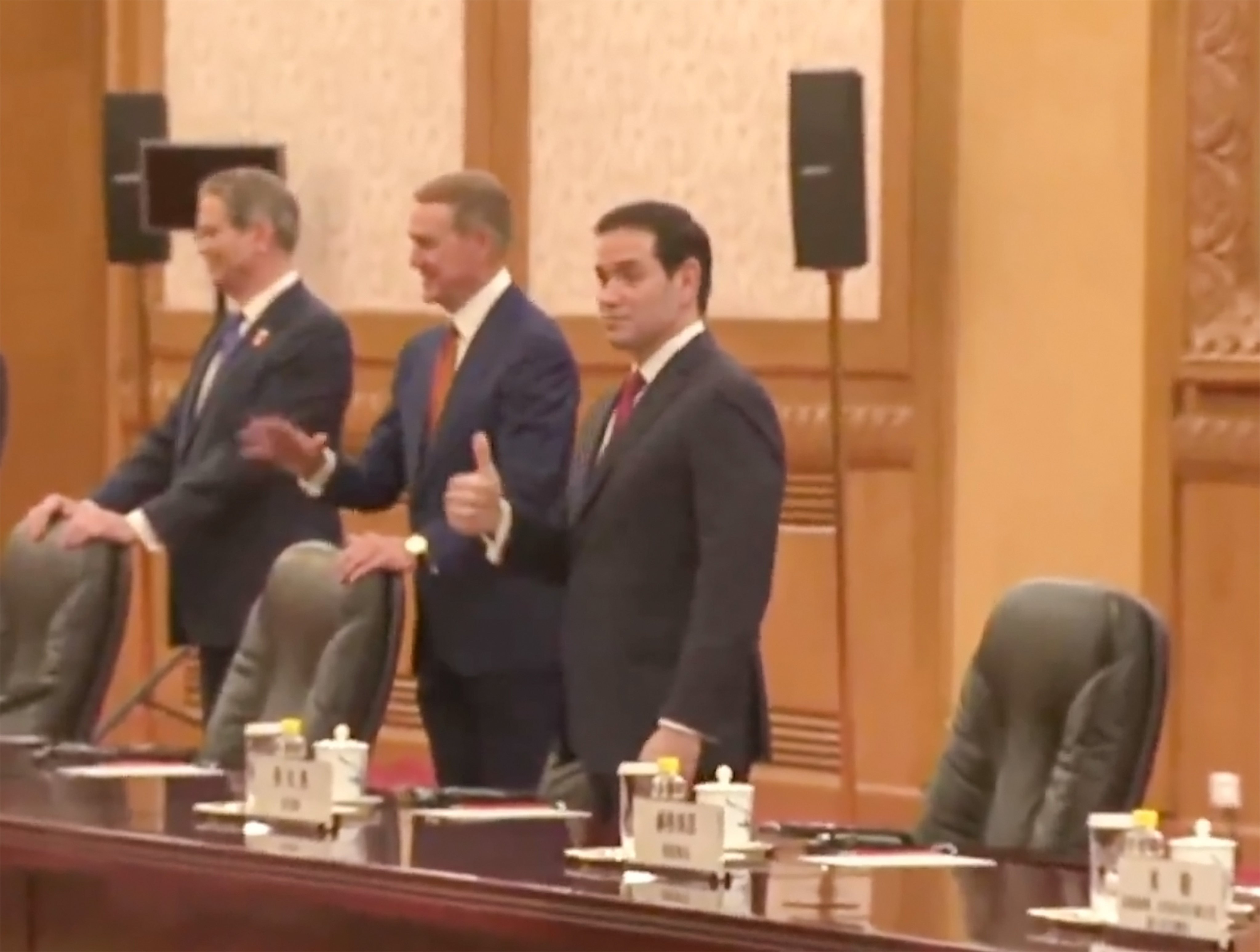 US Secretary of State Marco Rubio shows his approval of the ceiling at the East Hall in the Great Hall of the People in Beijing on Thursday. Photo: Handout