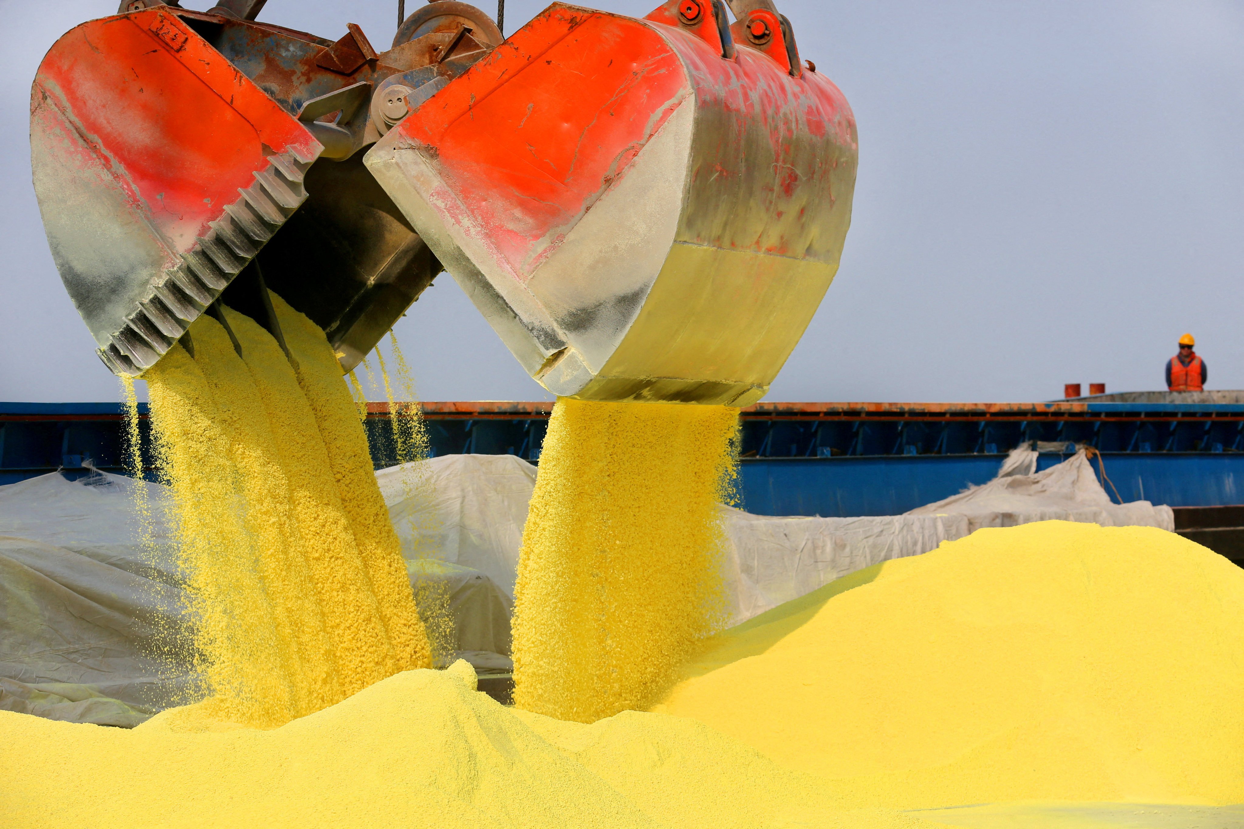 Imported sulphur is unloaded at a port in Nantong, Jiangsu province, in 2018. Photo: Reuters