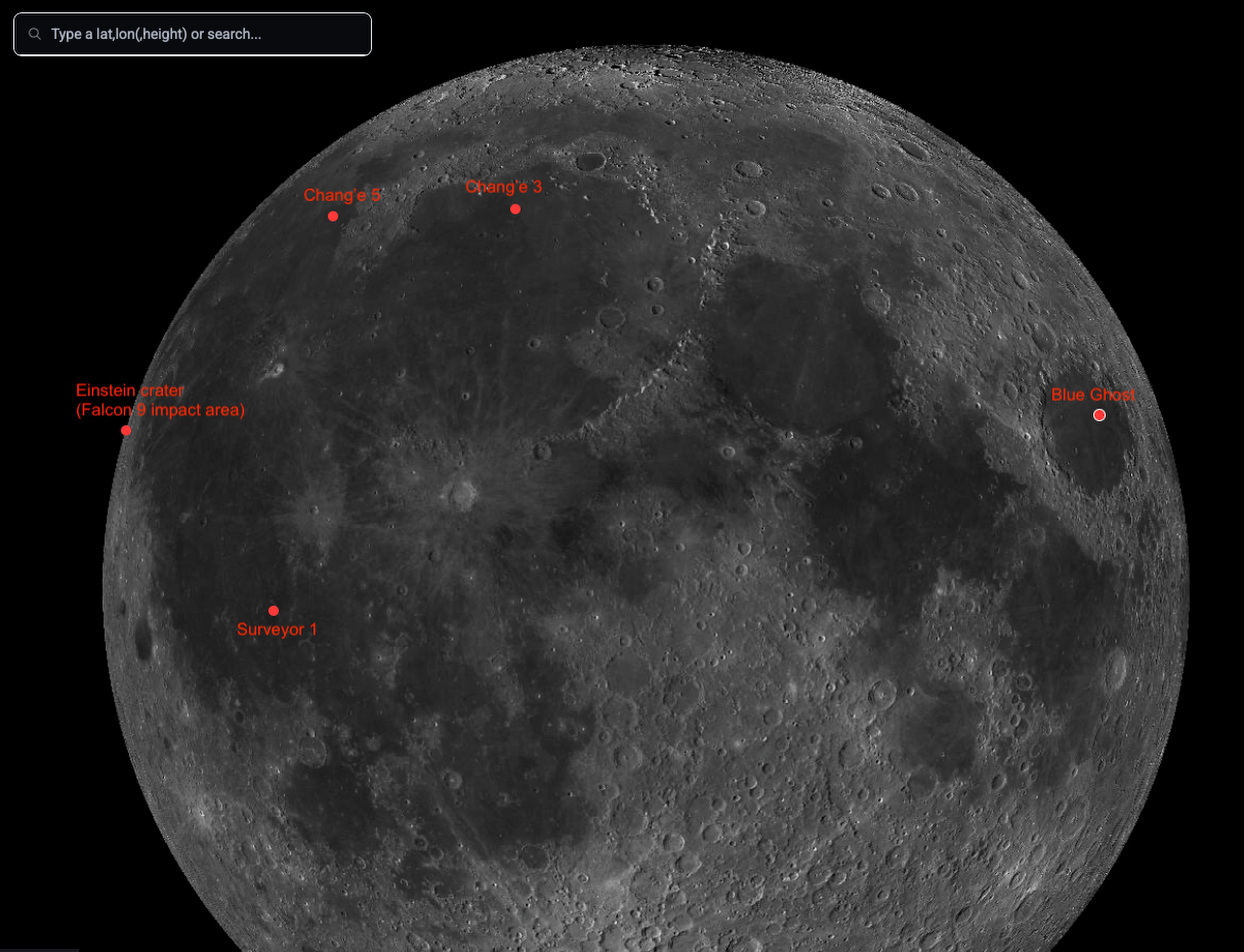 Nasa’s Lunar Reconnaissance Orbiter map shows the predicted impact site for a Falcon 9 rocket part, expected to strike the moon in August, and the locations of other moon landers. Photo: Nasa