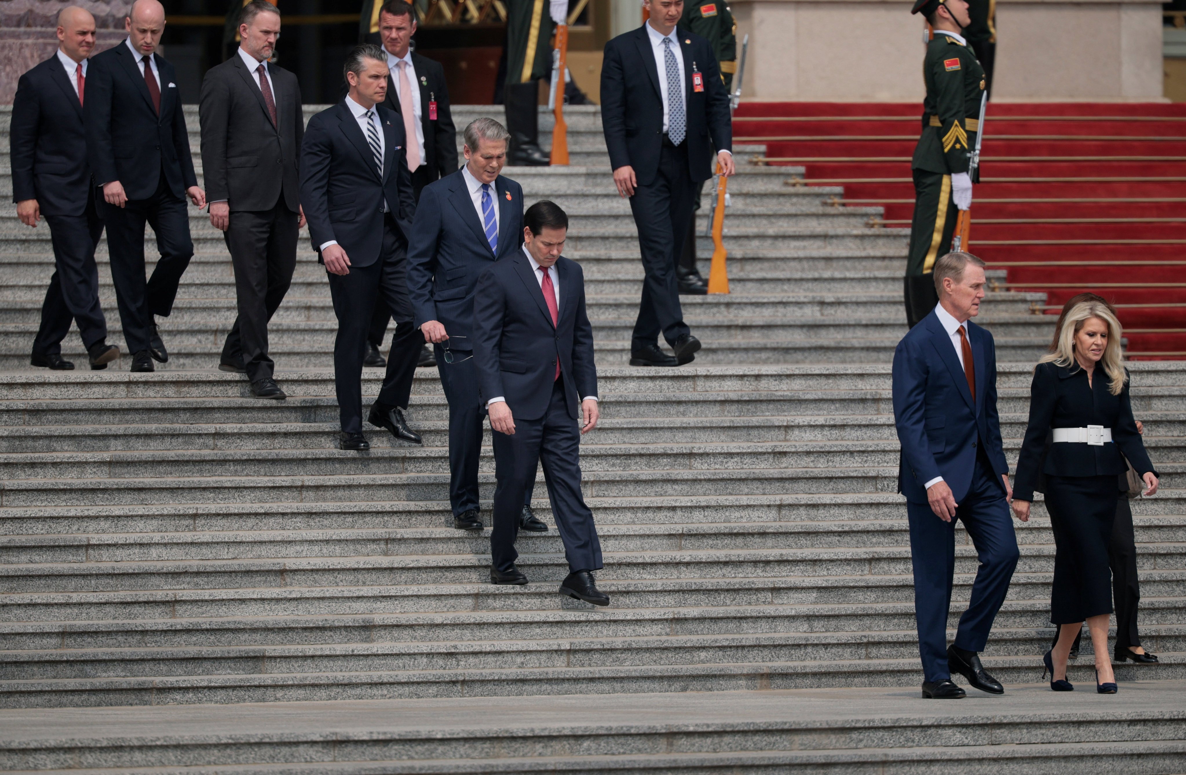 Marco Rubio, Scott Bessent and Pete Hegseth ahead of the arrival of US President Donald Trump at the Great Hall of the People. Photo: Reuters