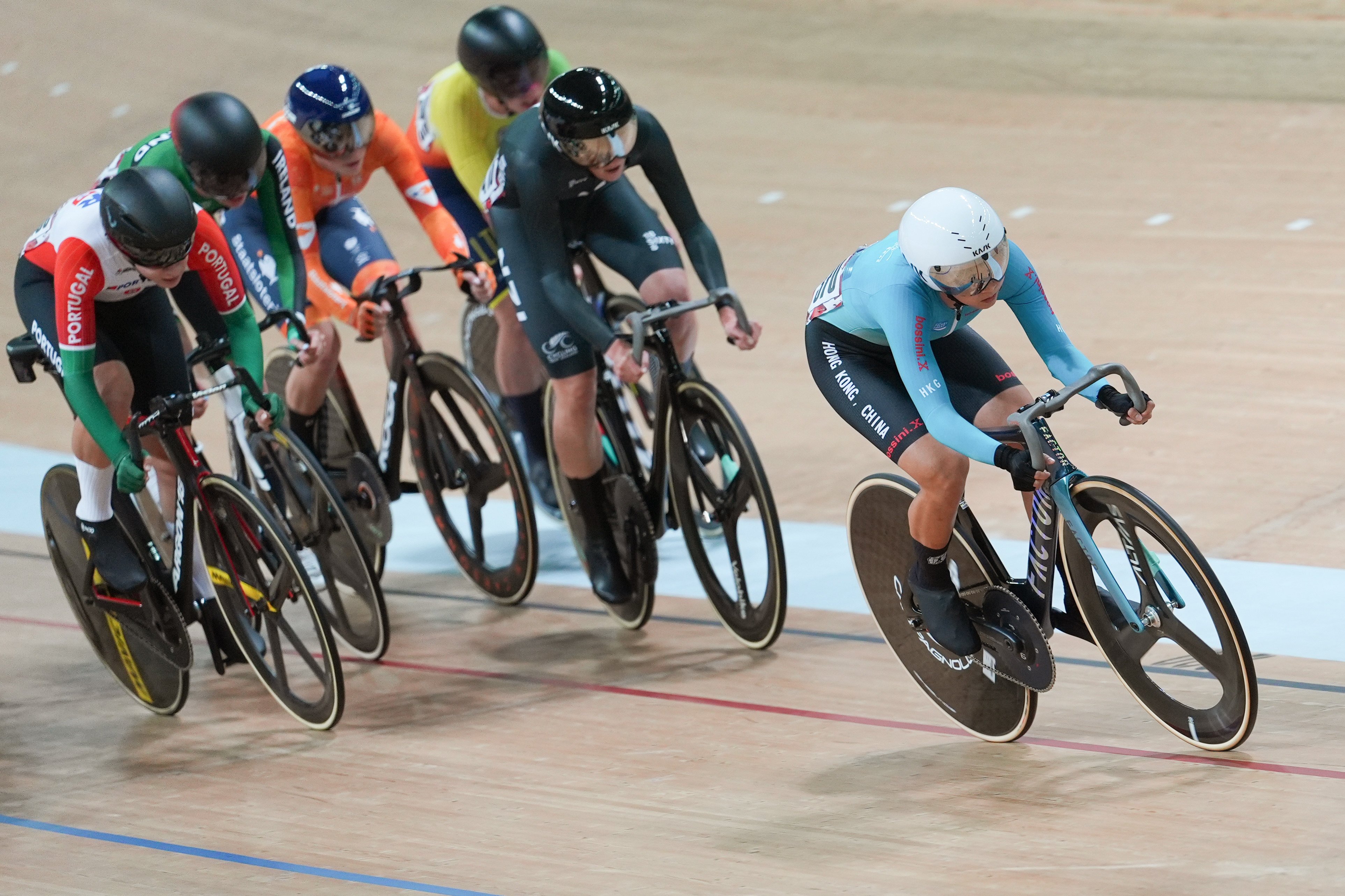 Ceci Lee, here leading the pack in Hong Kong last month, claimed bronze from her race on the opening day of the Japan Track Cup. Photo: Eugene Lee