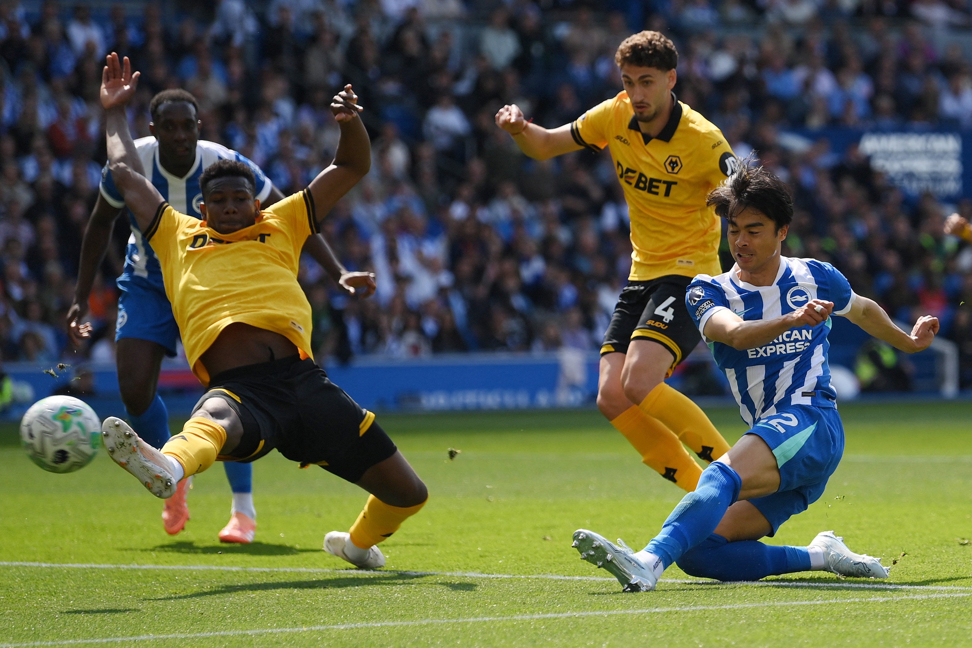 Brighton’s Kaoru Mitoma (right) shoots at goal against Wolves on Saturday before later going off with a hamstring injury that has ruled him out of the World Cup next month. Photo: Reuters