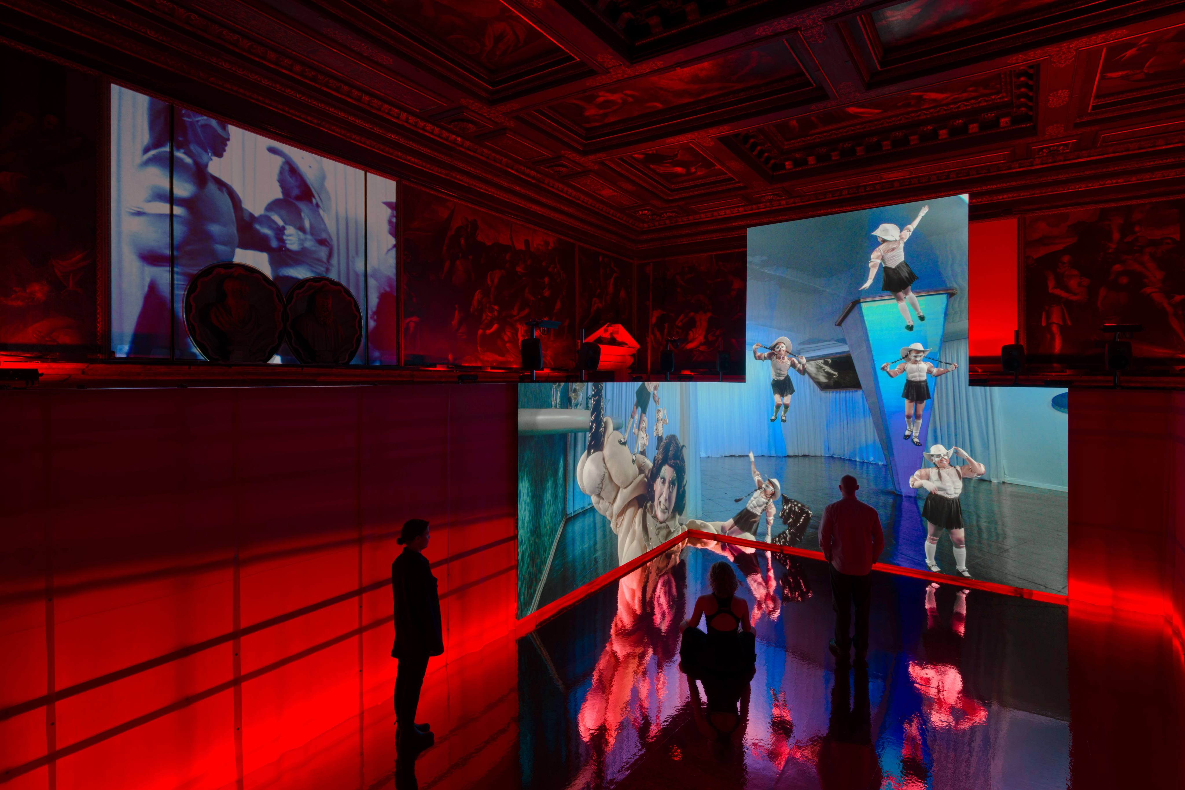 A scene from Natasha Tontey’s “The Phantom Combatants and the Metabolism of Disobedient Organs” (2026) multi-panel video installation at the Ateneo Veneto cultural institute in Venice, Italy, for the Venice Biennale. Photo: Jacopo La Forgia