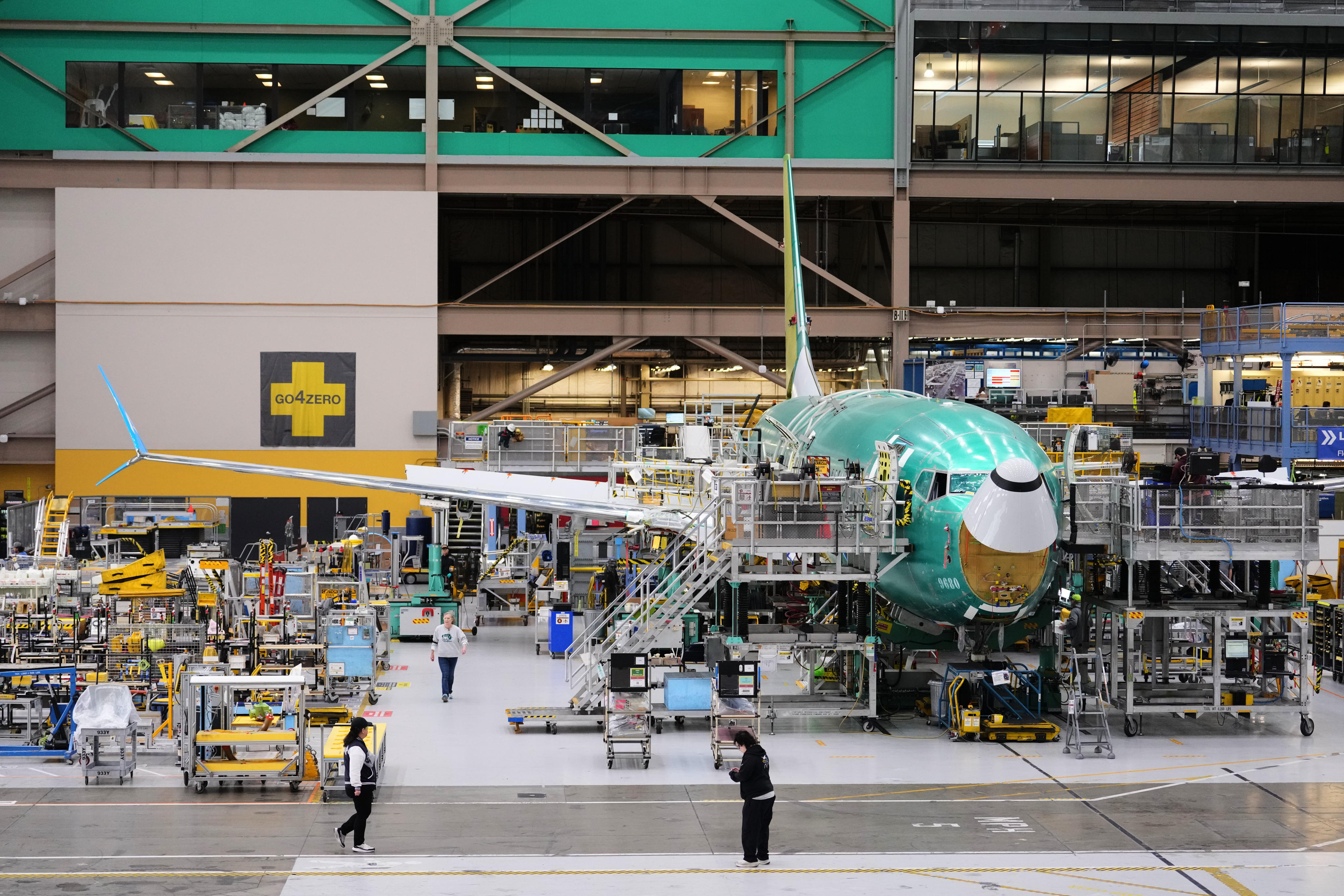A 737 MAX airplane is seen on the final assembly line at Boeing’s factory in Renton, Washington, April 15, 2026. Photo: AP