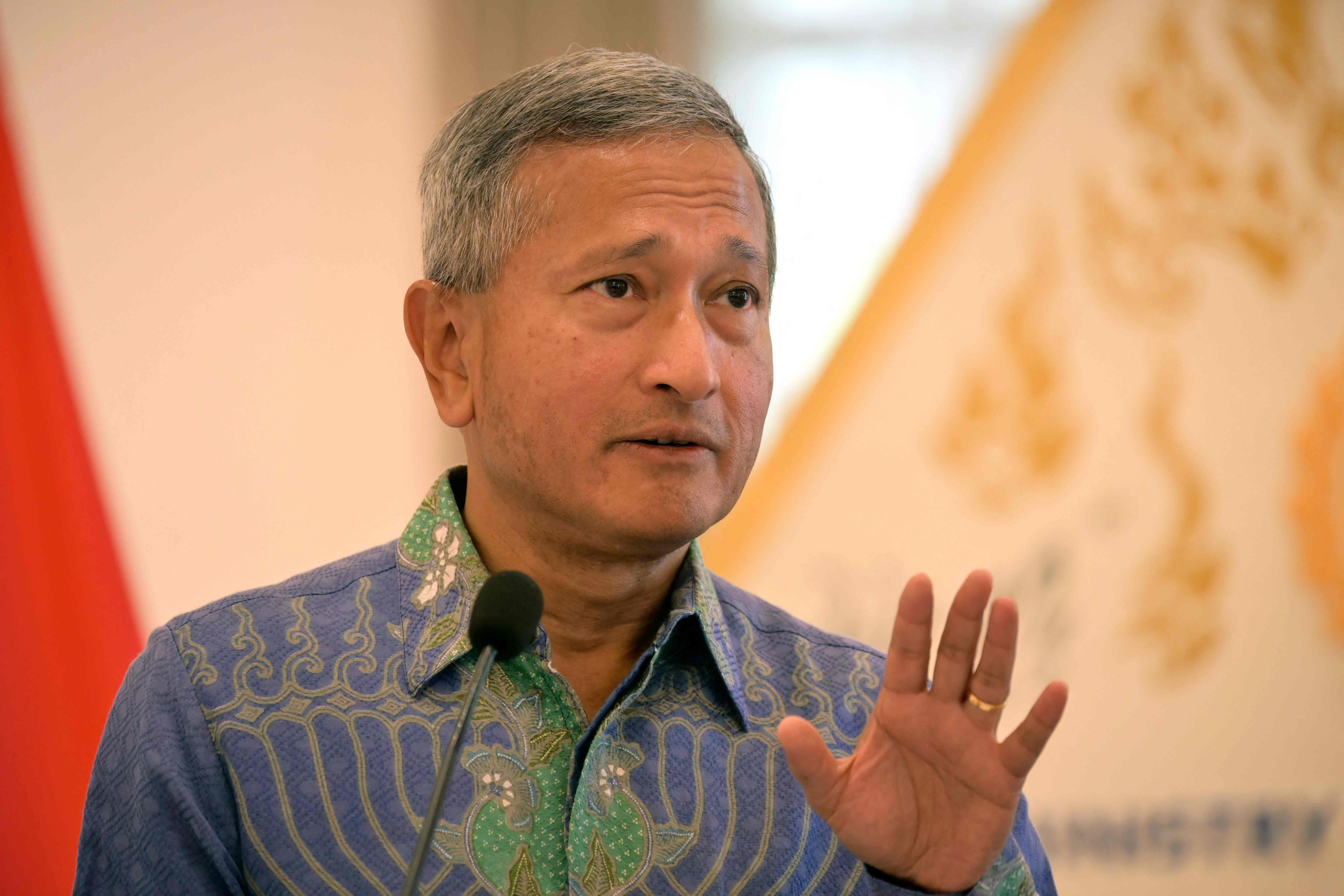 Singaporean Foreign Minister Vivian Balakrishnan speaks at a joint press conference in Jakarta on Tuesday. Photo: AFP