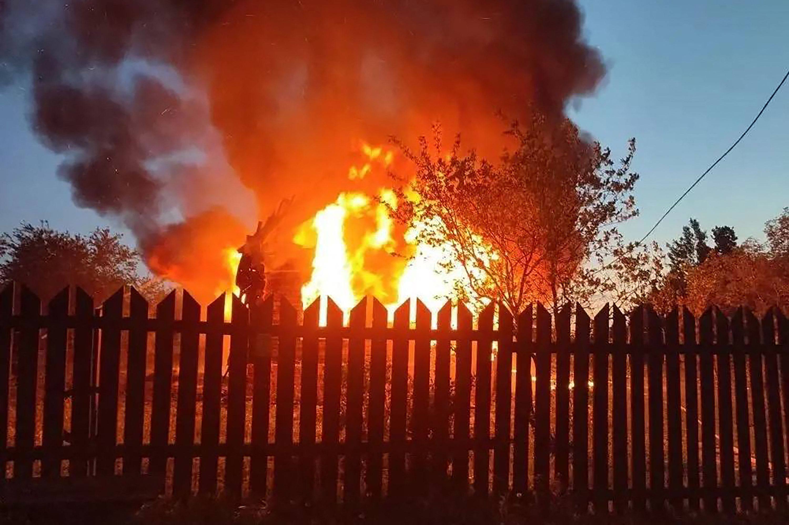 A photo from Moscow Region Governor Andrey Vorobyov of a burning building following an air attack at an undisclosed location in the Moscow region, amid the ongoing Russian-Ukrainian conflict, on Sunday. Photo: AFP