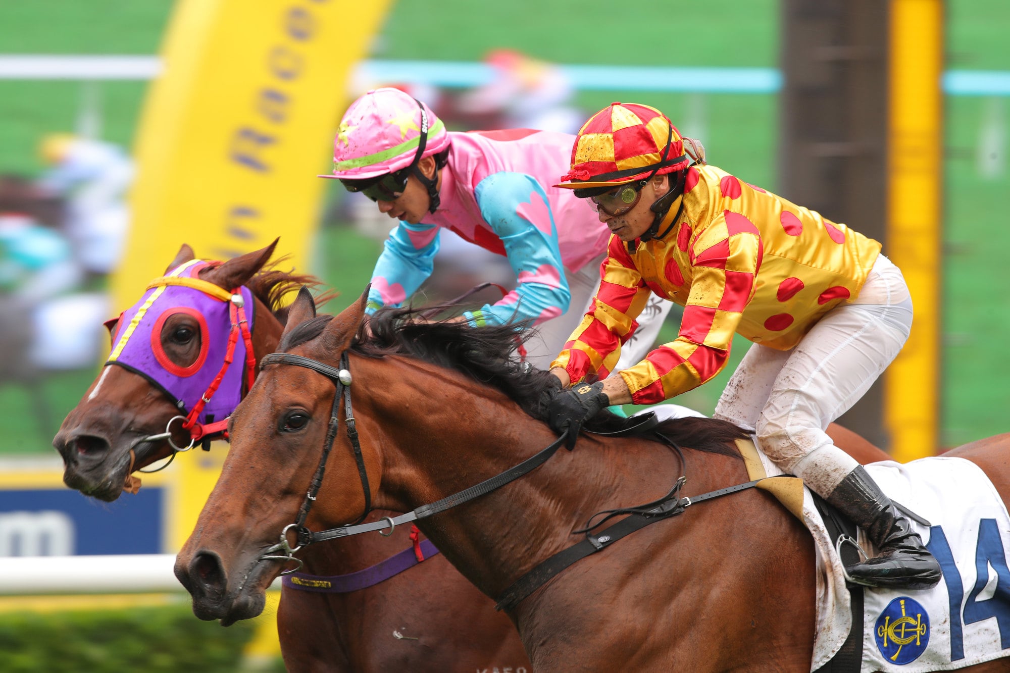 Romantic Fantasy (outside), ridden by Alexis Badel, wins at Sha Tin. Romantic Fantasy (outside), ridden by Alexis Badel, wins at Sha Tin.