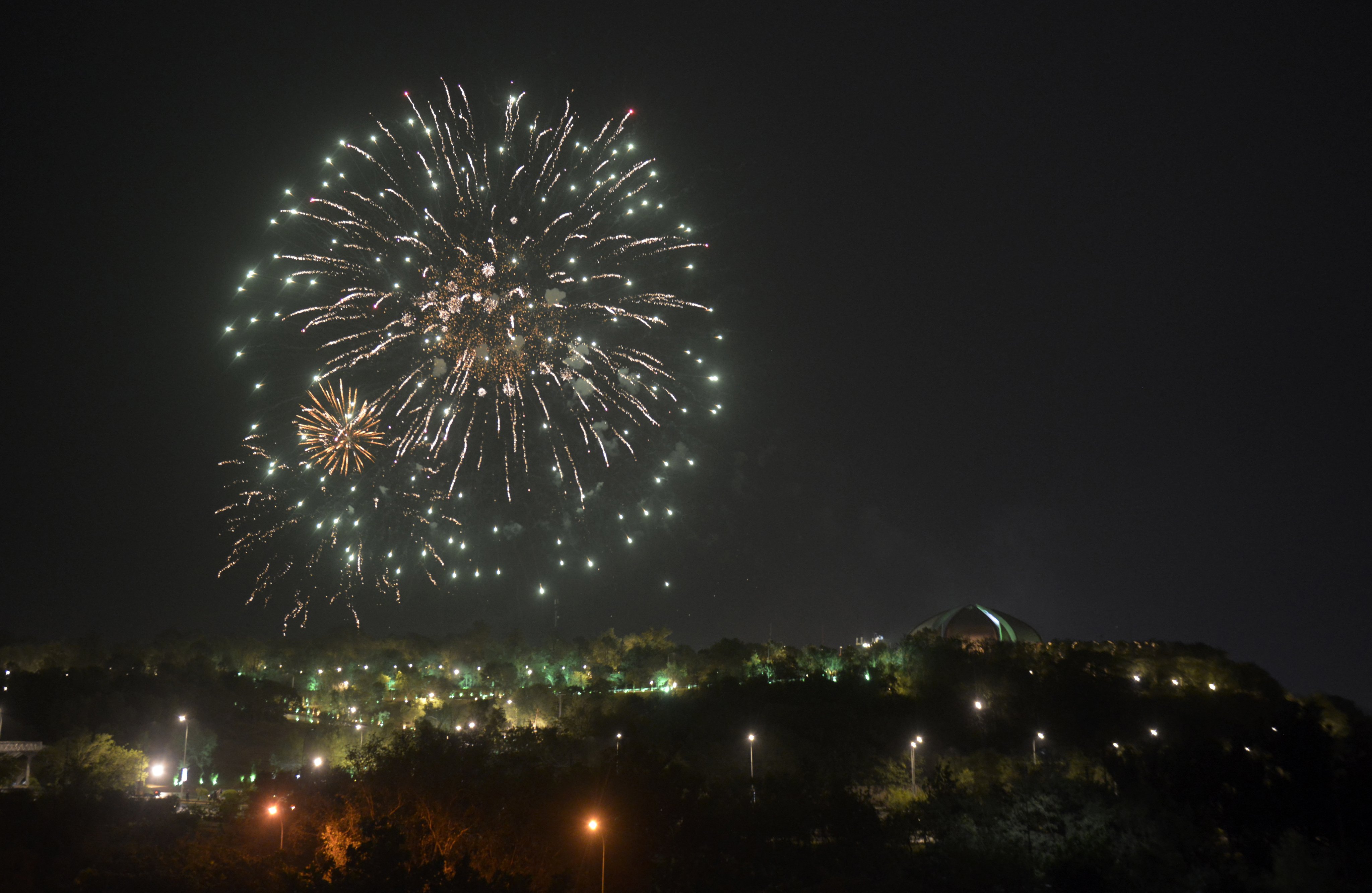 In Islamabad, fireworks light up the sky to mark the first anniversary of Pakistan’s air skirmish with India on May 10. Photo: EPA