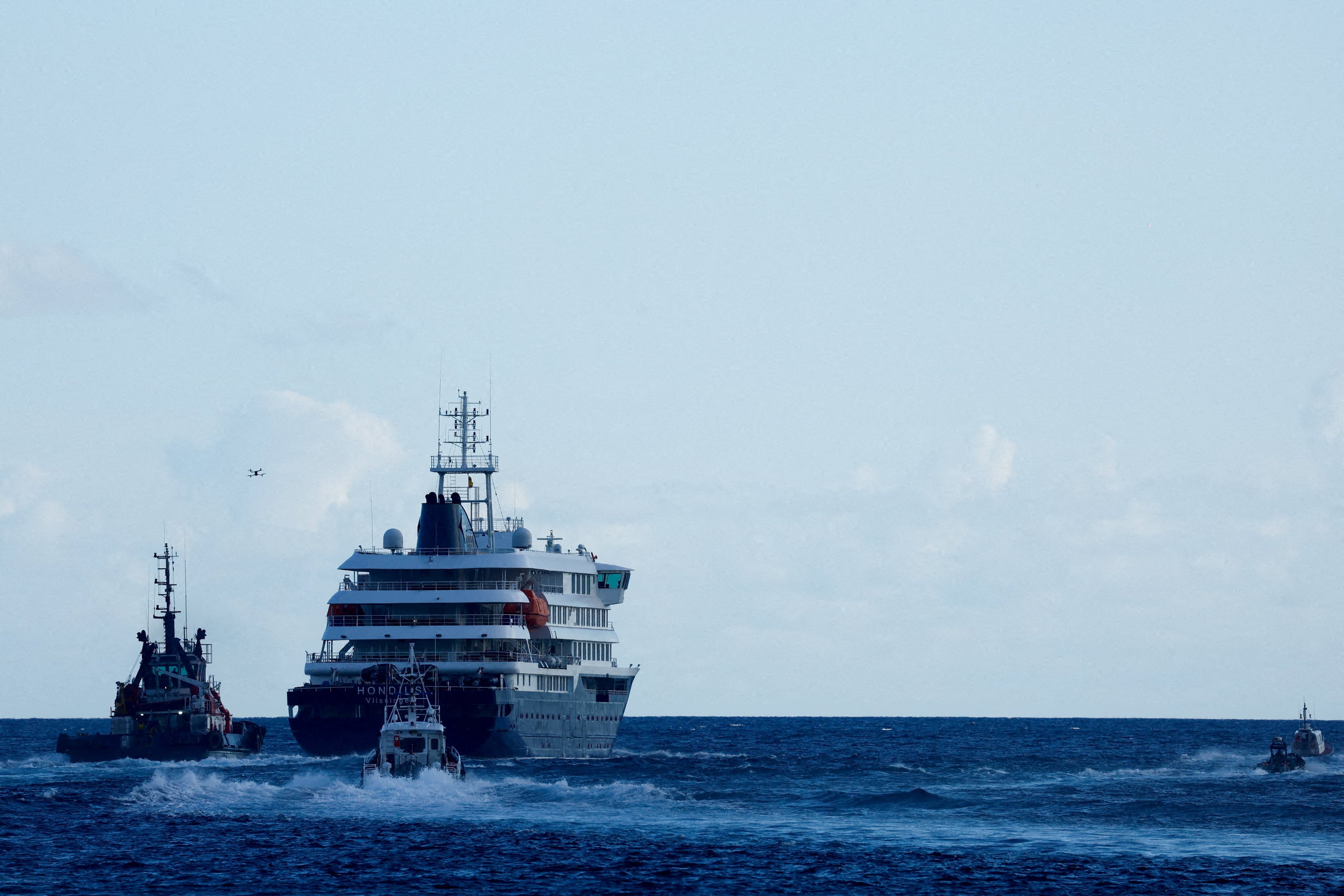The cruise ship MV Hondius leaves the port of Granadilla de Abona, Tenerife, Spain on May 11. Photo: Reuters