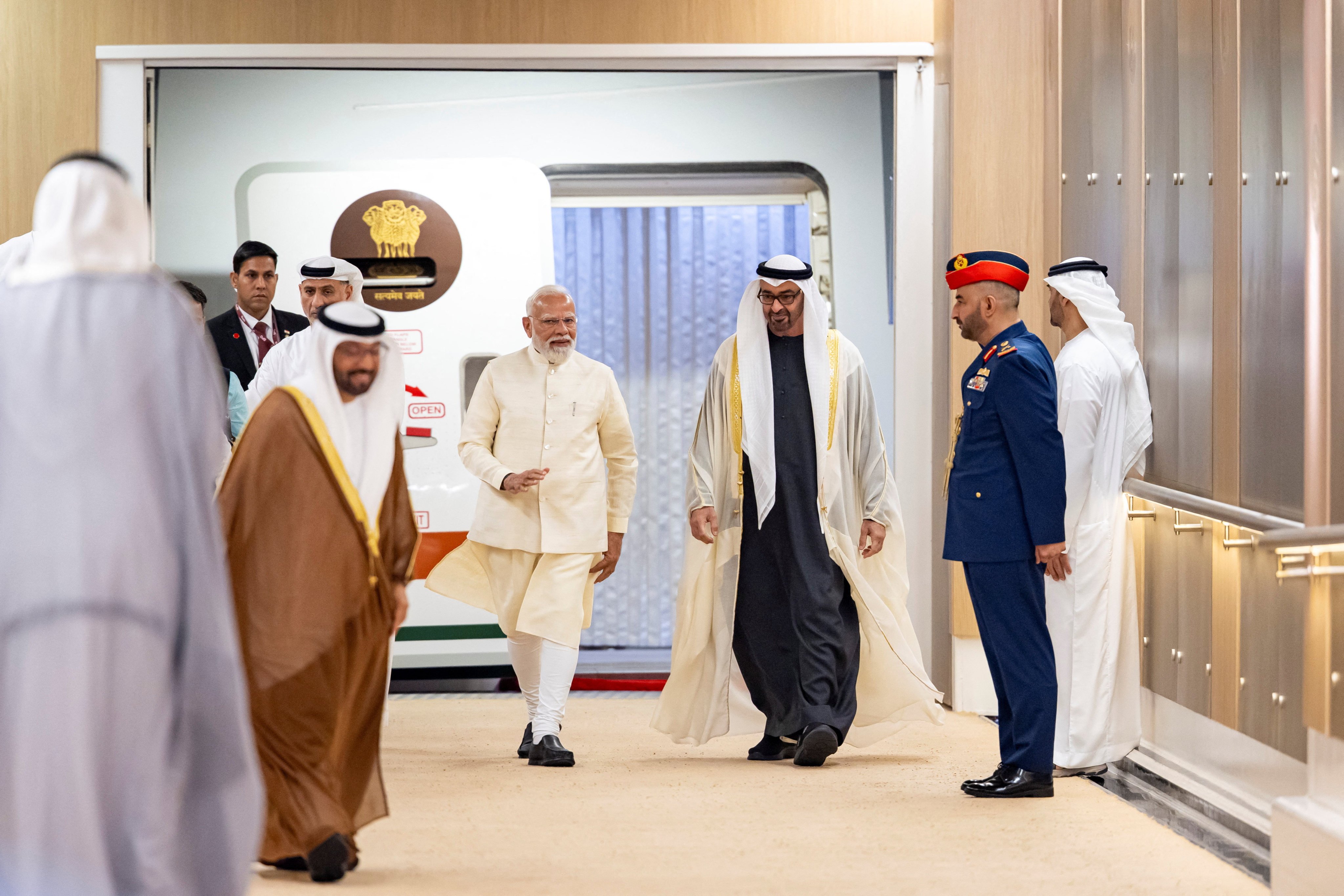 Indian Prime Minister Narendra Modi (centre, left) is welcomed by UAE President Mohamed bin Zayed Al Nahyan (centre, right) in Abu Dhabi on Friday. Photo: UAE Presidential Court/Reuters