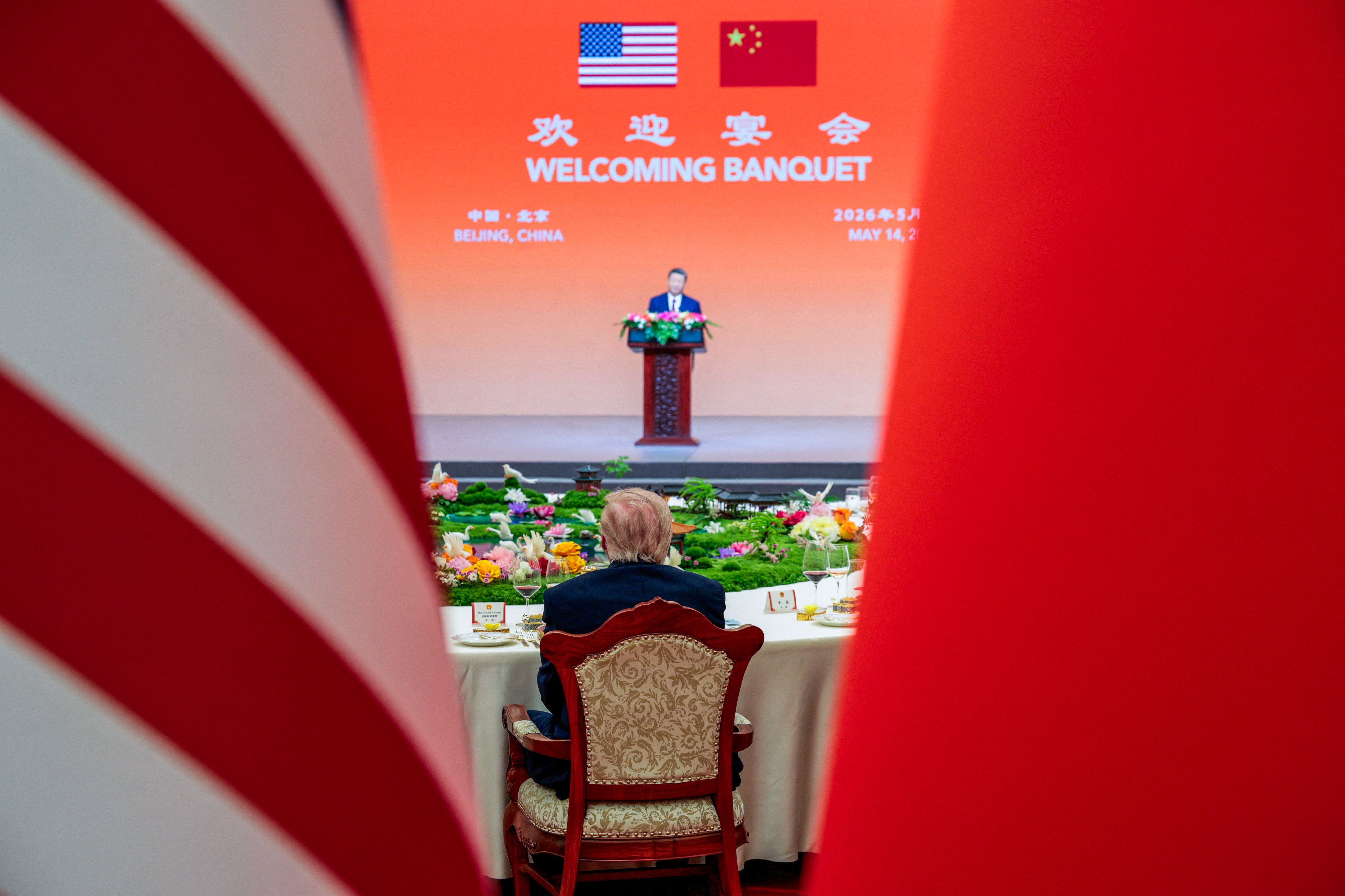 US President Donald Trump listening to a speech by Chinese President Xi Jinping at a state banquet at the Great Hall of the People in Beijing, China, last week. Photo: Reuters