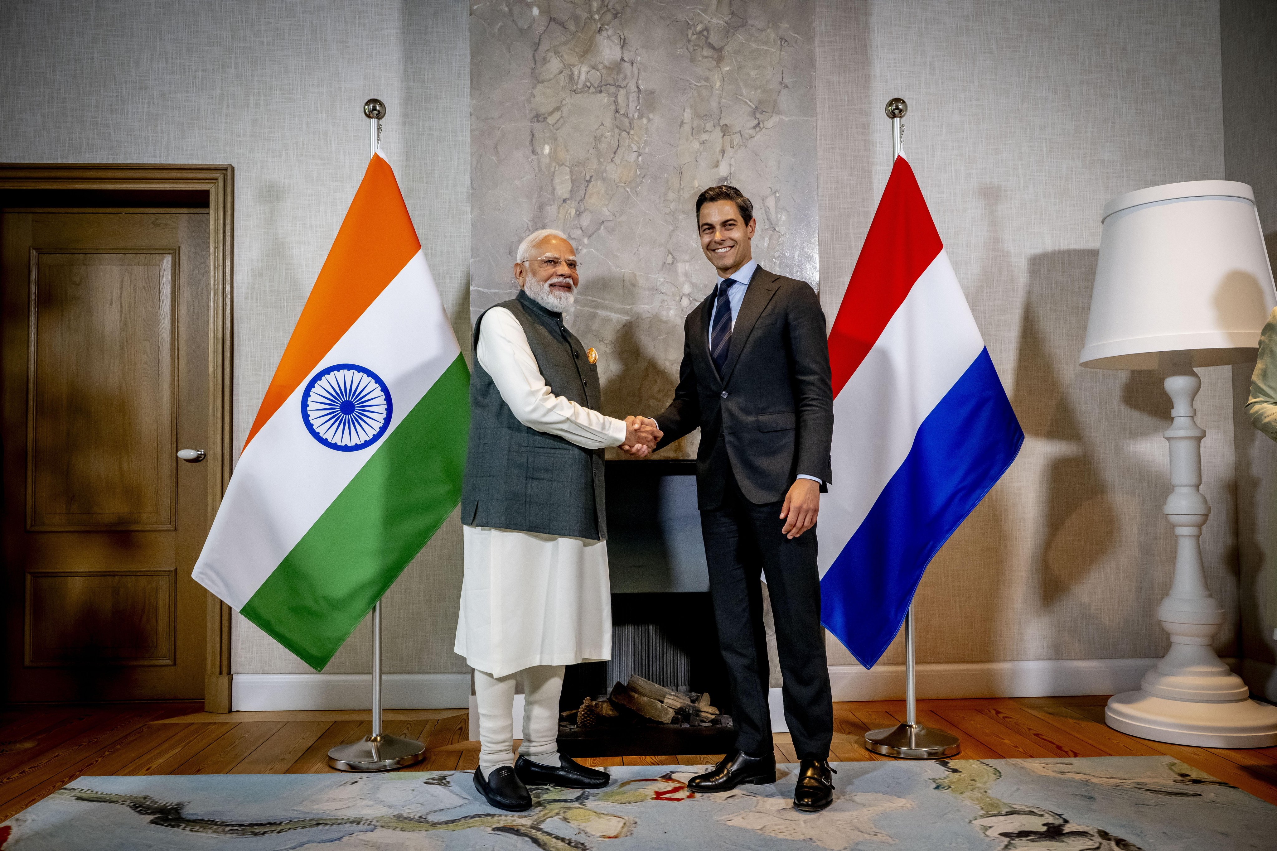 Dutch Prime Minister Rob Jetten receives India's Narendra Modi at his official residence in The Hague, the Netherlands, on Saturday. Photo: EPA