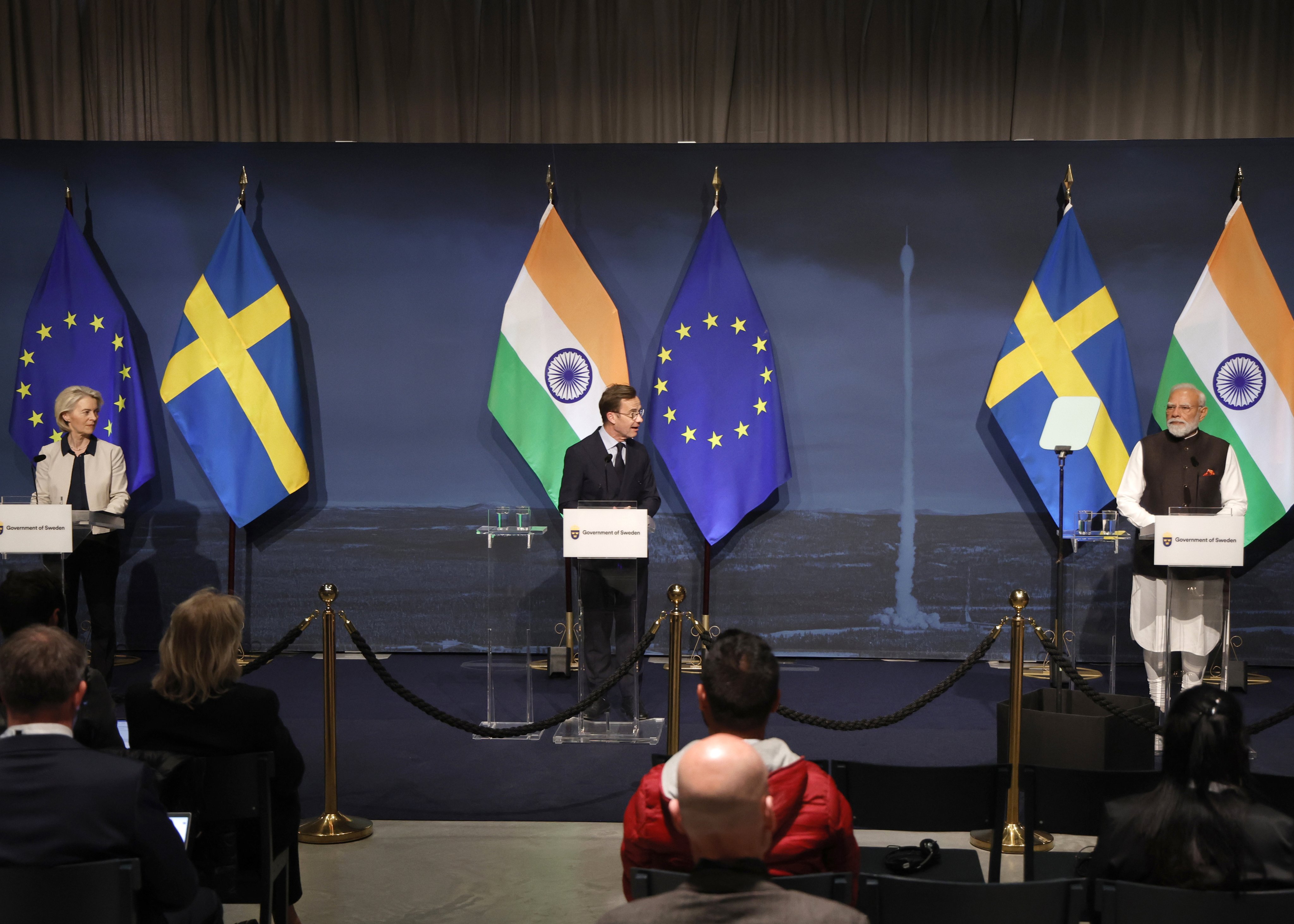 (From left) European Commission President Ursula von der Leyen, Sweden’s Prime Minister Ulf Kristersson and Indian Prime Minister Narendra Modi hold a press conference in Gothenburg, Sweden, on Sunday. Photo: EPA