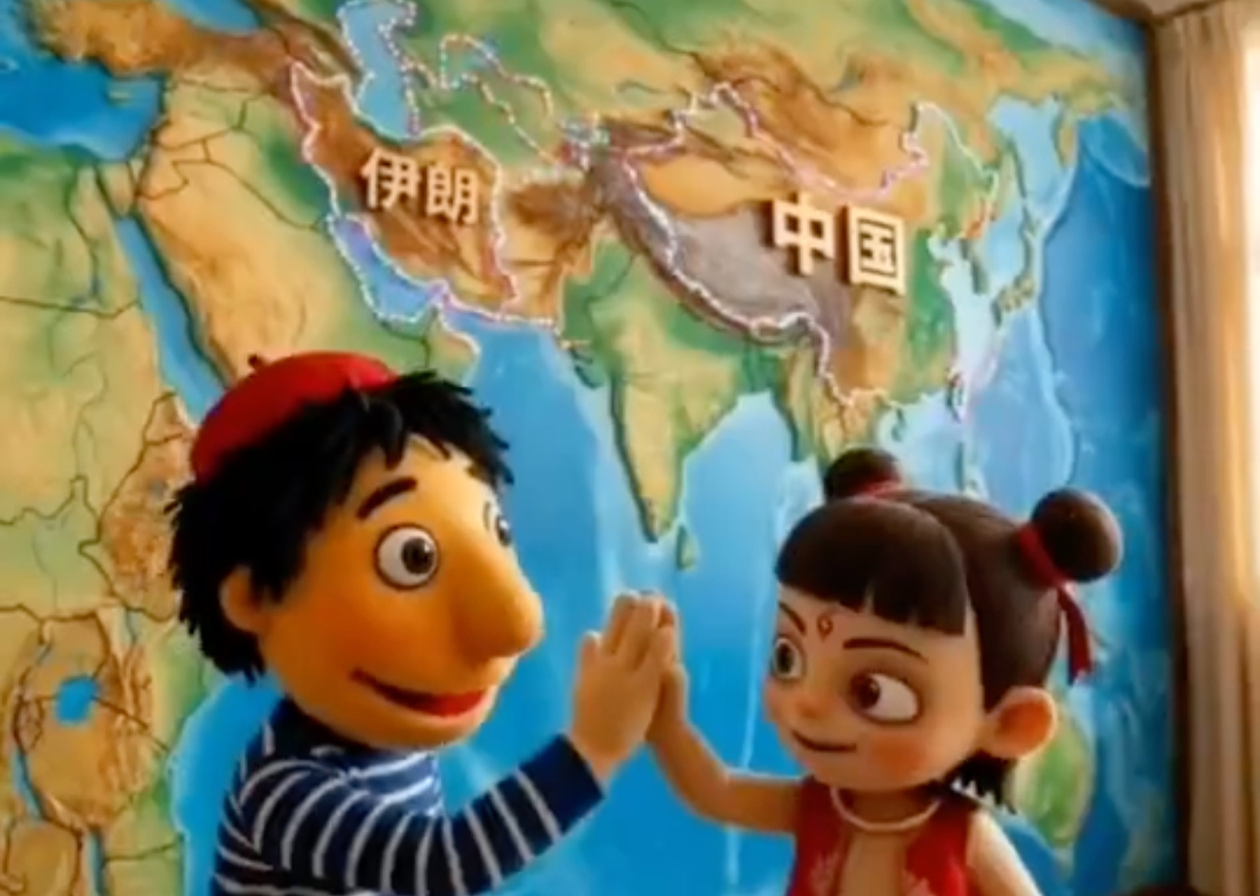 The Iranian children’s puppet Pesar Ammeh Za and China’s Ne Zha are depicted as good friends. Photo: Handout