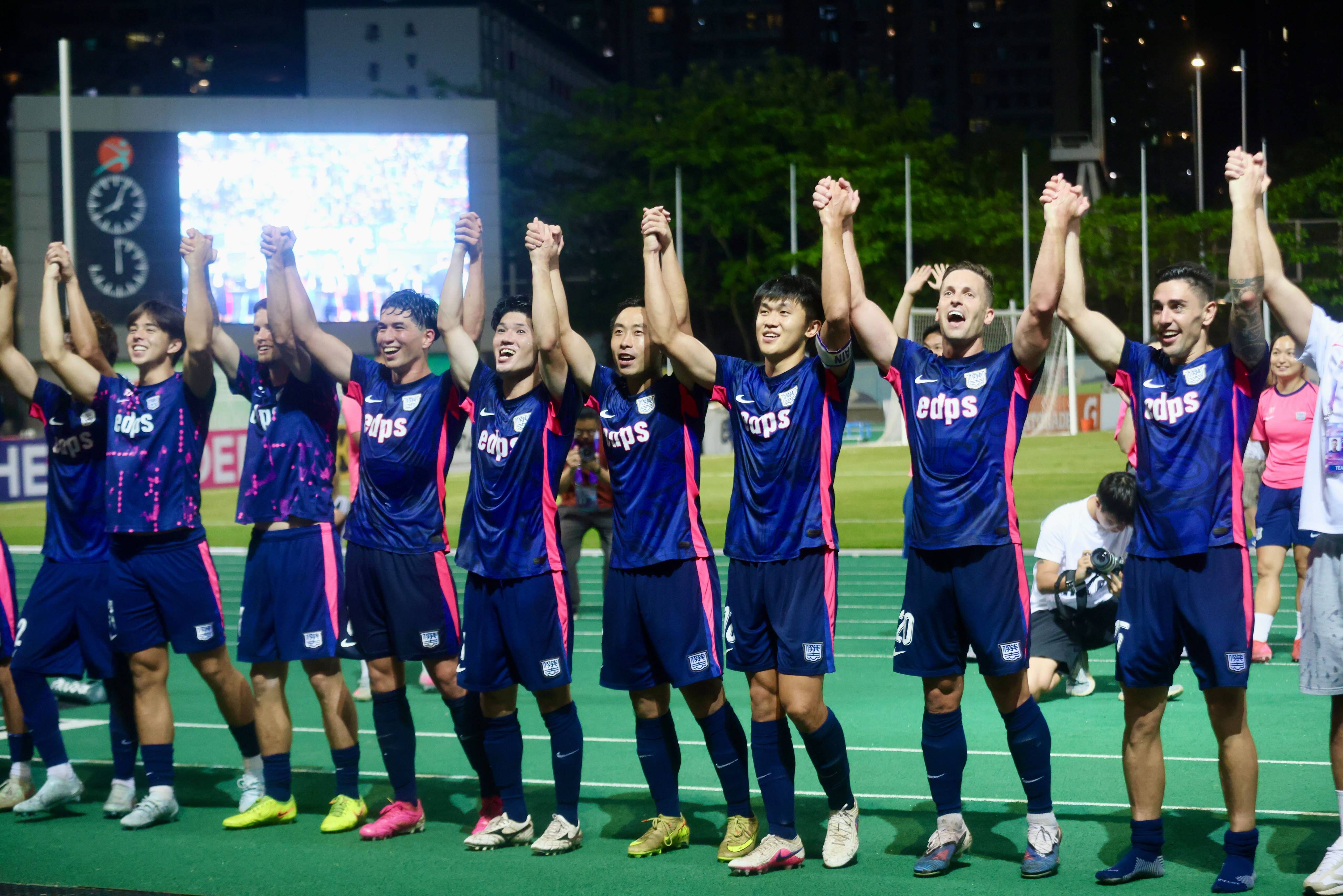 Kitchee players celebrate after beating BC Rangers last month to win the title with four matches to spare. Photo: Jonathan Wong