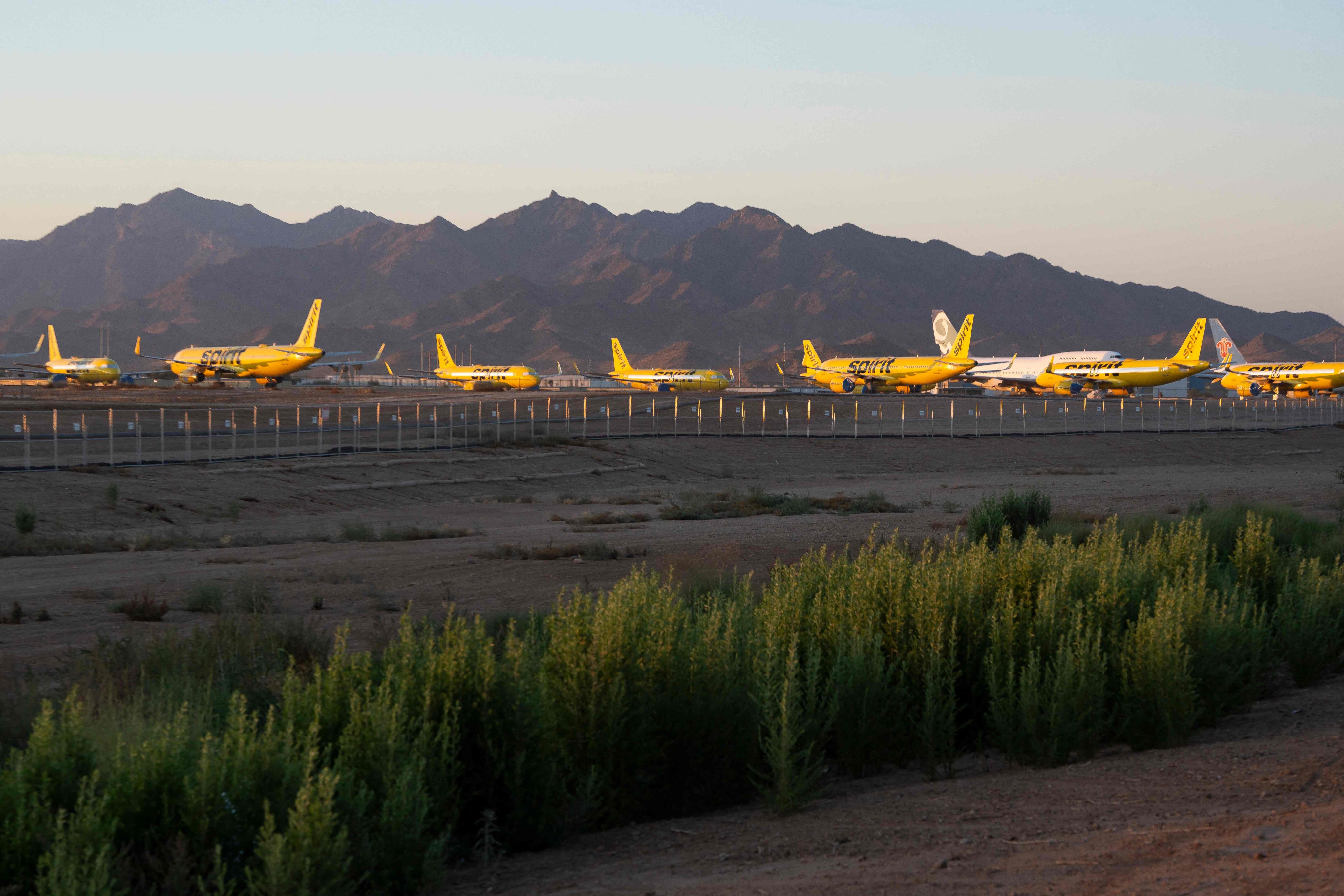 Spirit Airlines planes sit parked at Phoenix Goodyear Airport in Arizona. The US-based carrier ceased all operations on May 2. Photo: Getty Images/AFP