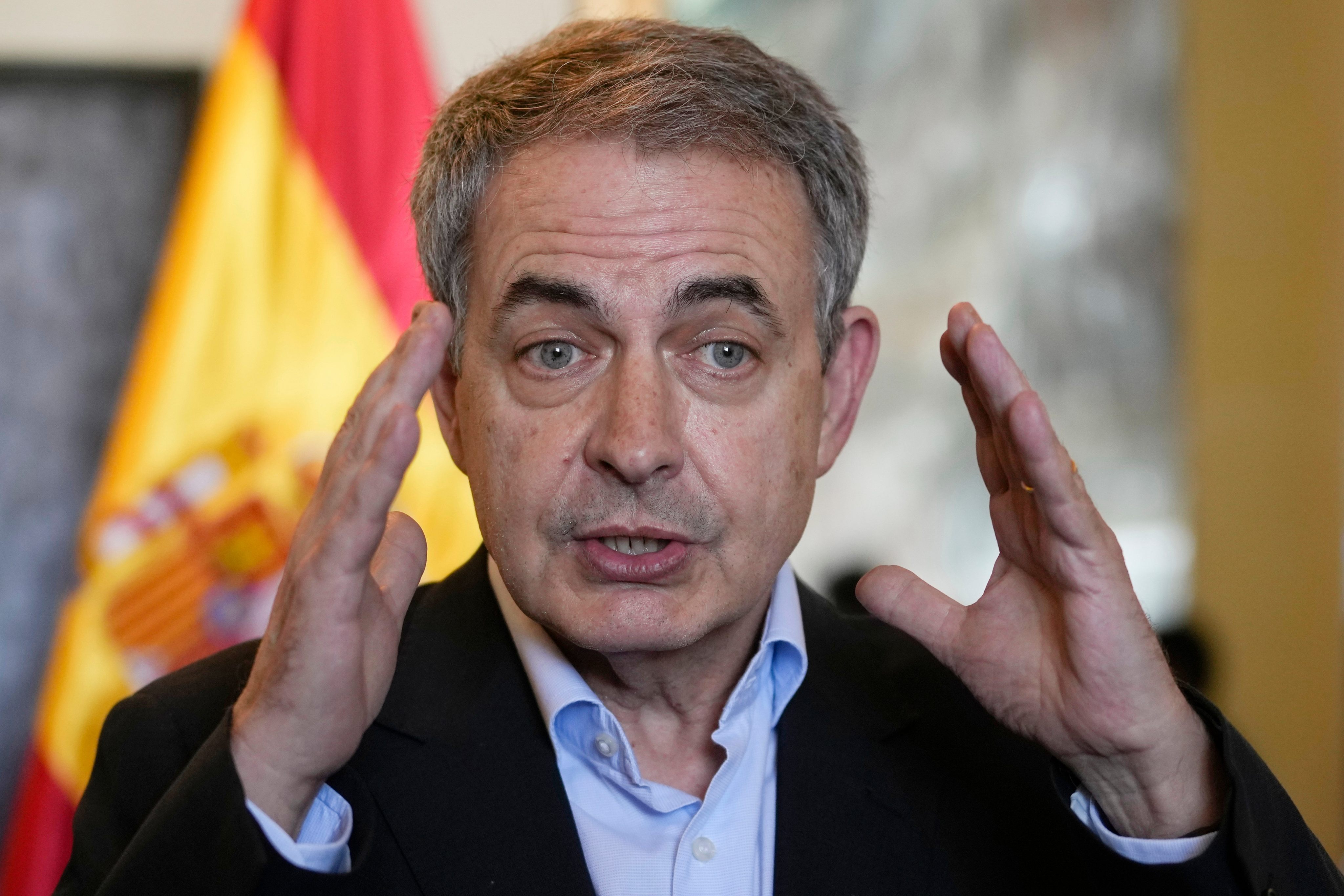 Spain’s former prime minister Jose Luis Rodriguez Zapatero speaks to journalists in La Paz, Bolivia, on May 12, 2022. Photo: AP