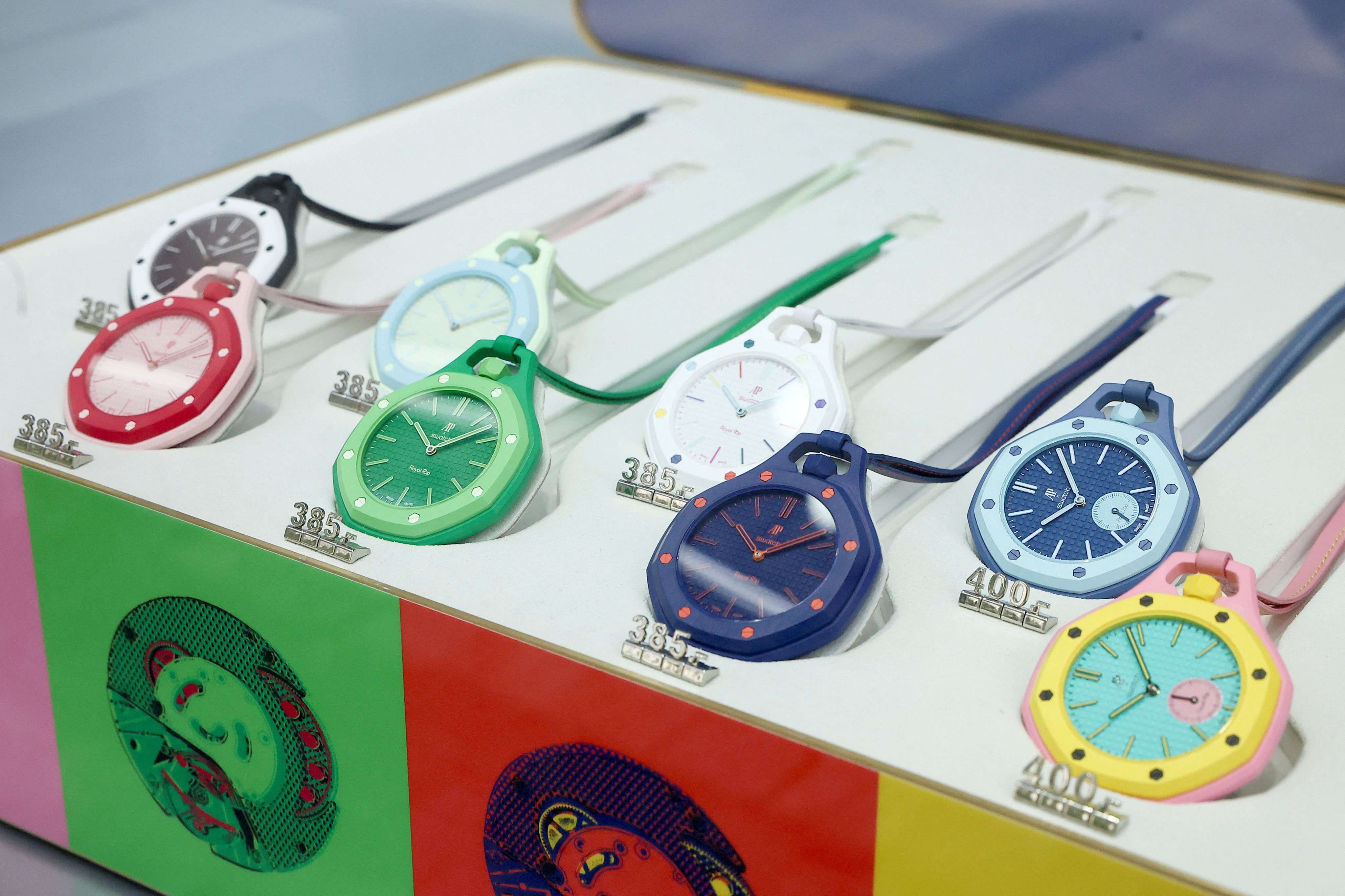 Watches from the limited-edition ‘Royal Pop’ watch, a collaboration between Swiss watch maker Swatch and luxury brand Audemars Piguet, are displayed in the window of a Swatch store as they are currently out of stock in Paris, France, May 18, 2026. REUTERS/Alice Sacco