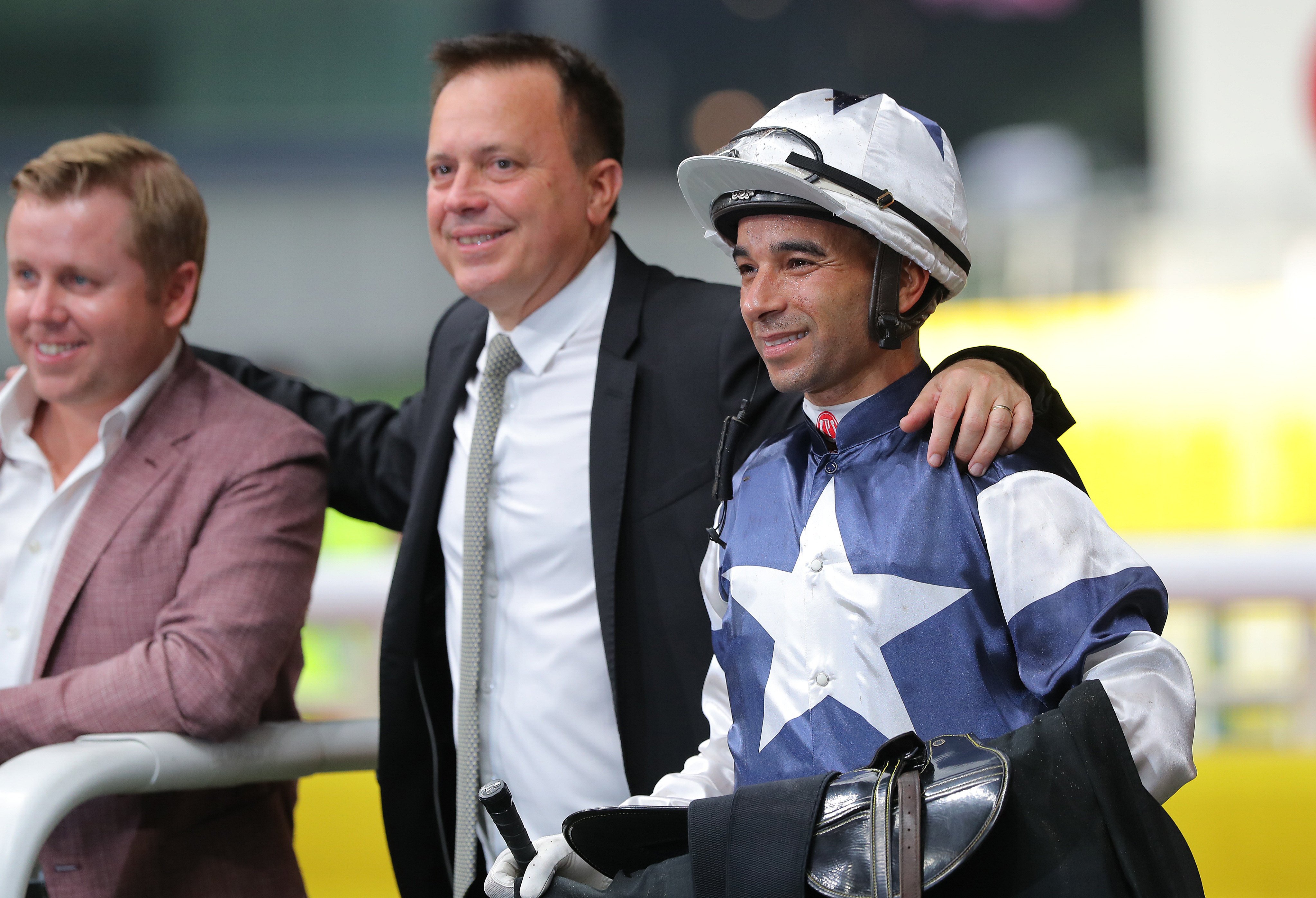 Caspar Fownes and Joao Moreira celebrate the win of The Heir at Happy Valley. Photos: Kenneth Chan
