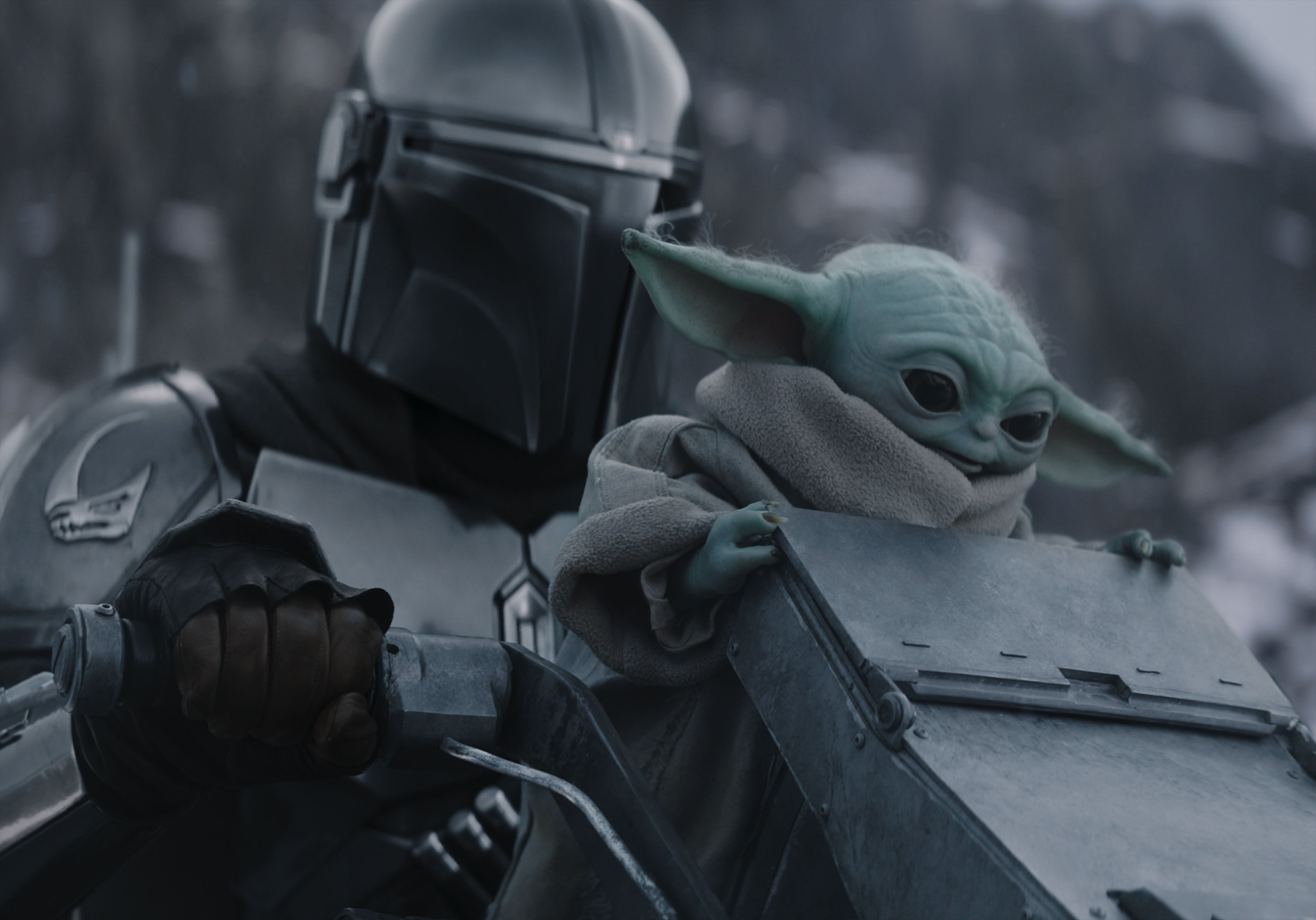 The Mandalorian (left, played by Pedro Pascal) and Grogu in a still from Star Wars: The Mandalorian and Grogu (category IIA), directed by Jon Favreau. Sigourney Weaver and Jeremy Allen White co-star. Photo: Lucasfilm Ltd