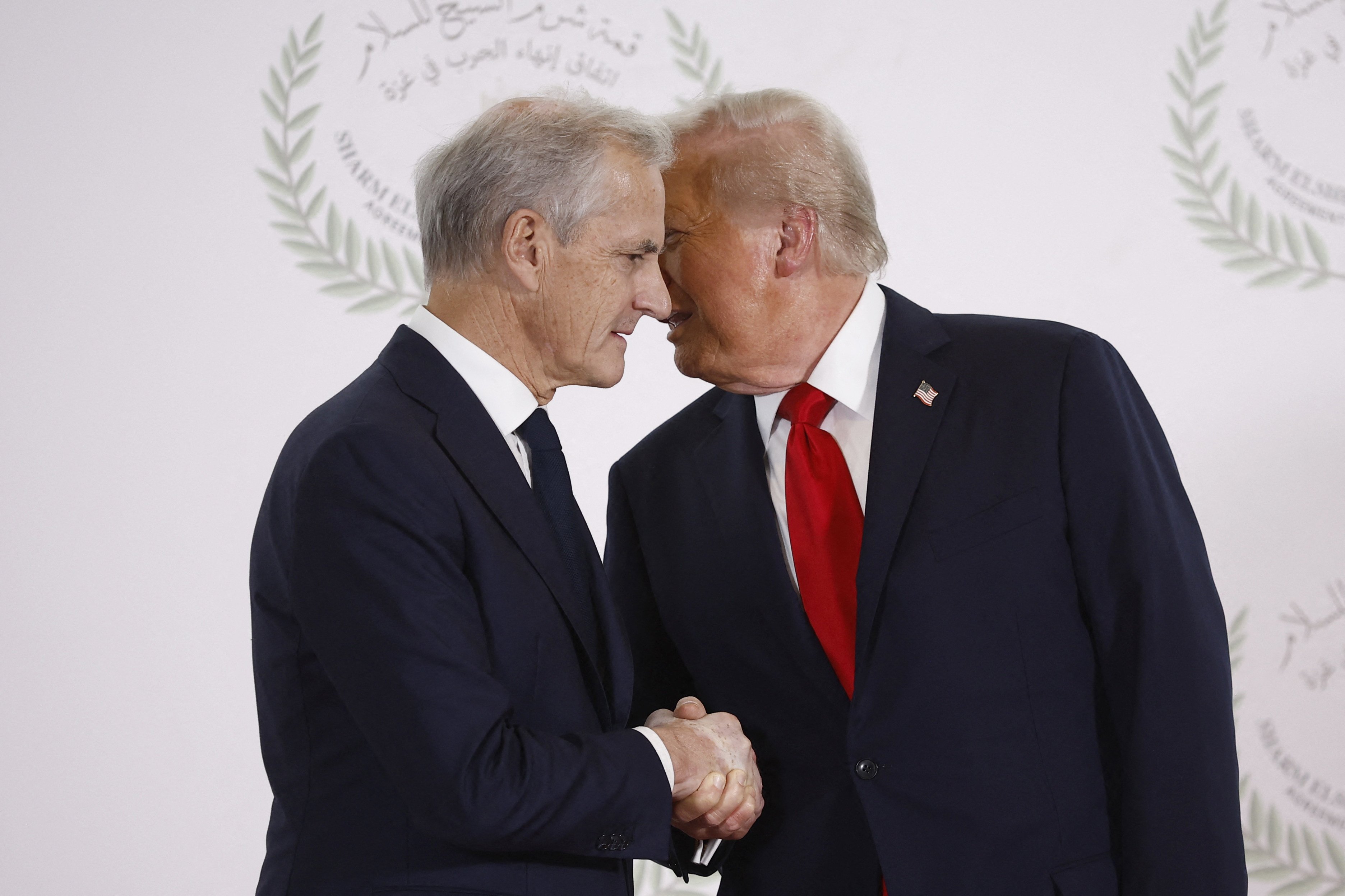 US President Donald Trump speaks to Norway’s Prime Minister Jonas Gahr Store at a peace summit on Gaza in Sharm El-Sheikh, Egypt, in October last year. Photo: AFP