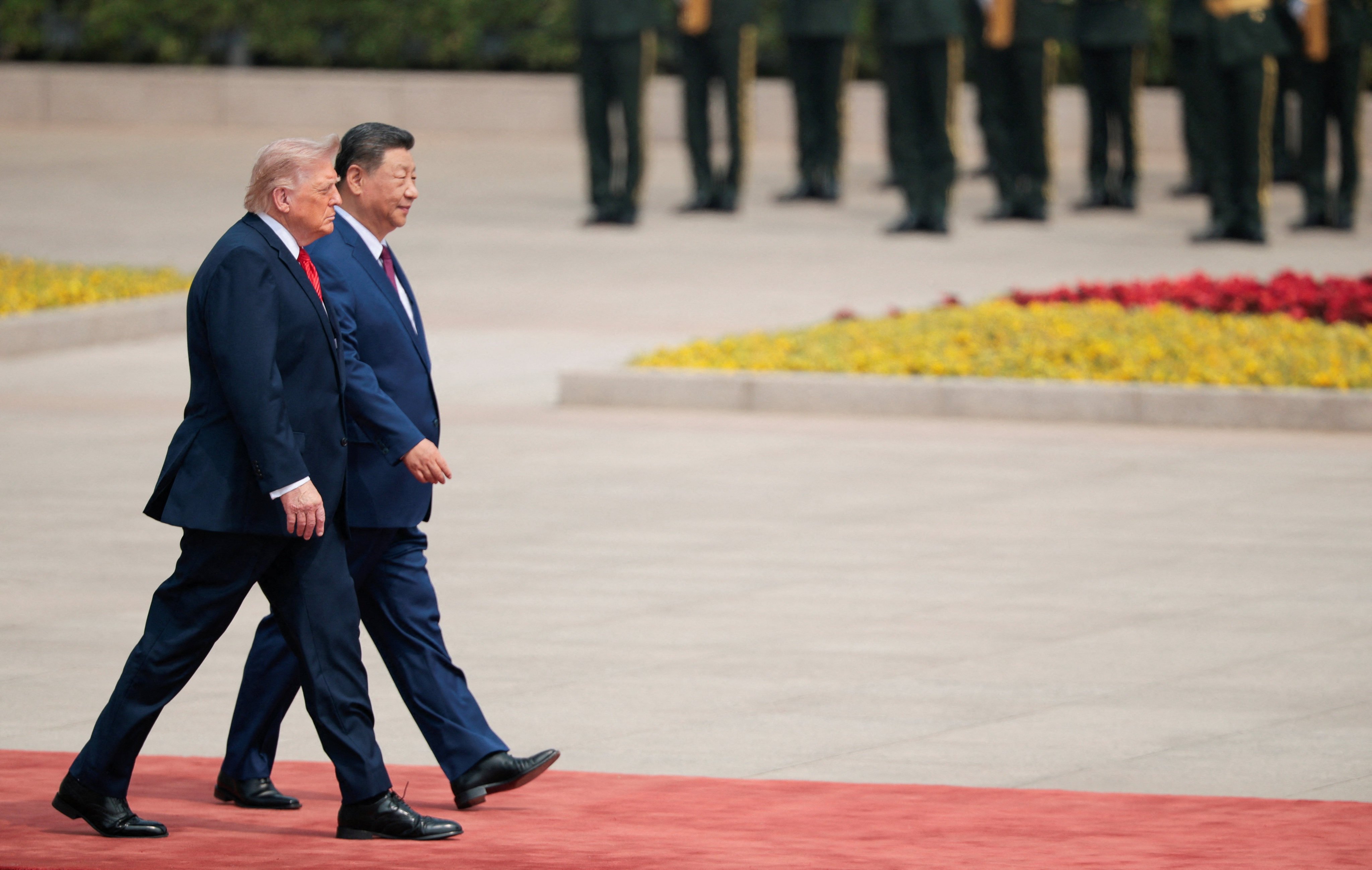 US President Donald Trump participates in a welcome ceremony with Chinese President Xi Jinping in Beijing on Thursday. Photo: Reuters