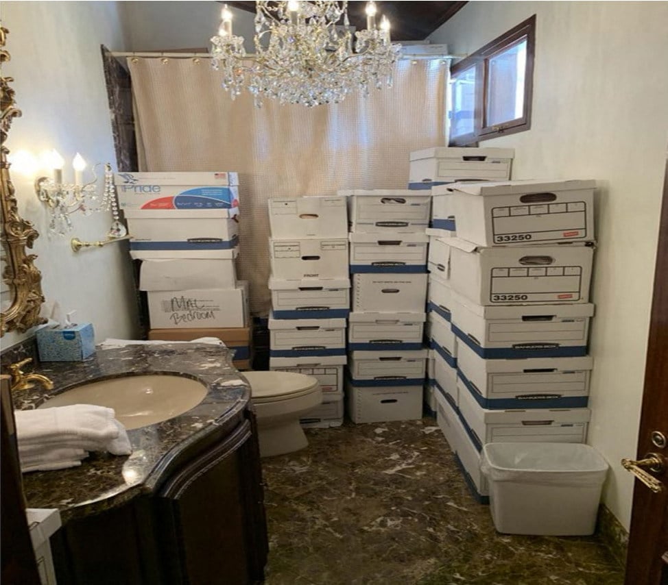 Stacks of boxes containing documents in a bathroom at Donald Trump’s Mar-a-Lago resort in 2022. Photo: US Justice Department via AFP
